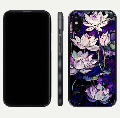 Purple Lotus Pattern Glass Case for iPhone X front & back layout highlighting floral tones and soft edges