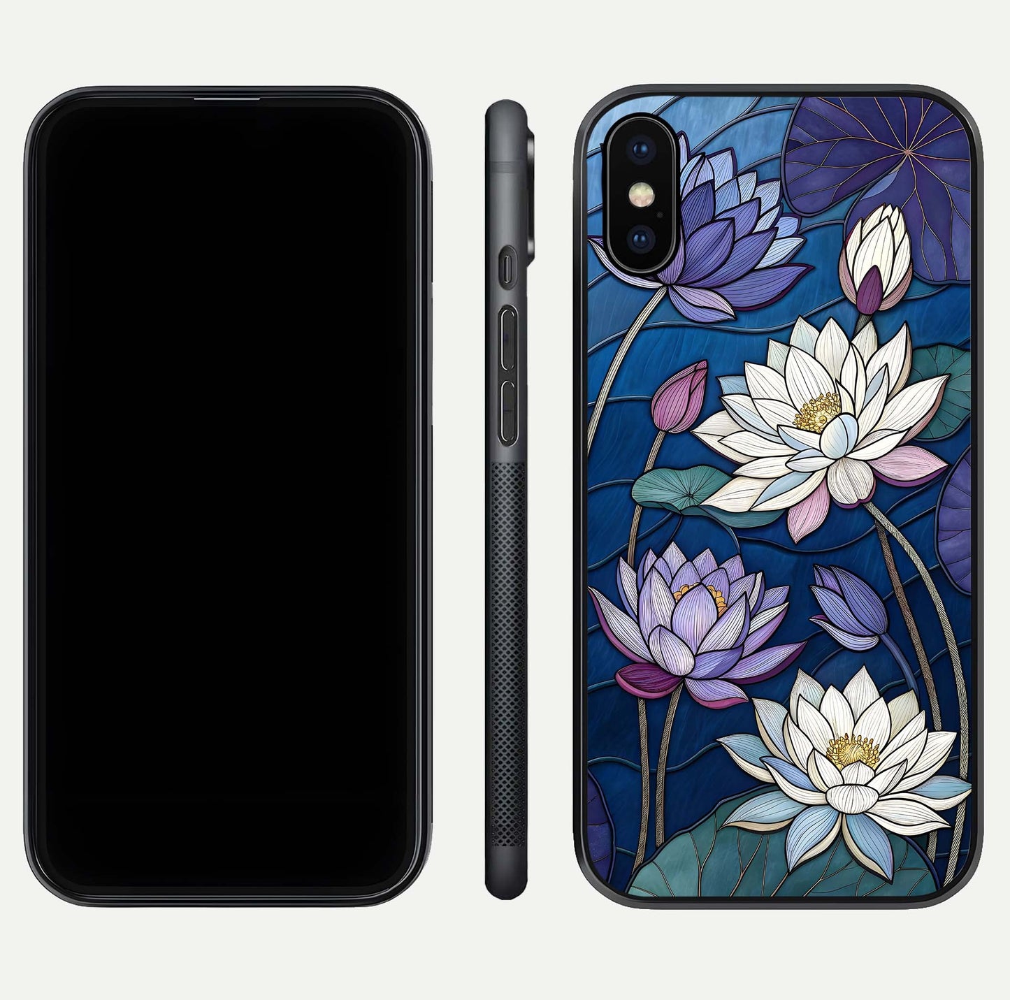 Purple Lotus Stained Glass Case for iPhone X front & back layout showing bright tones and smooth edge finish