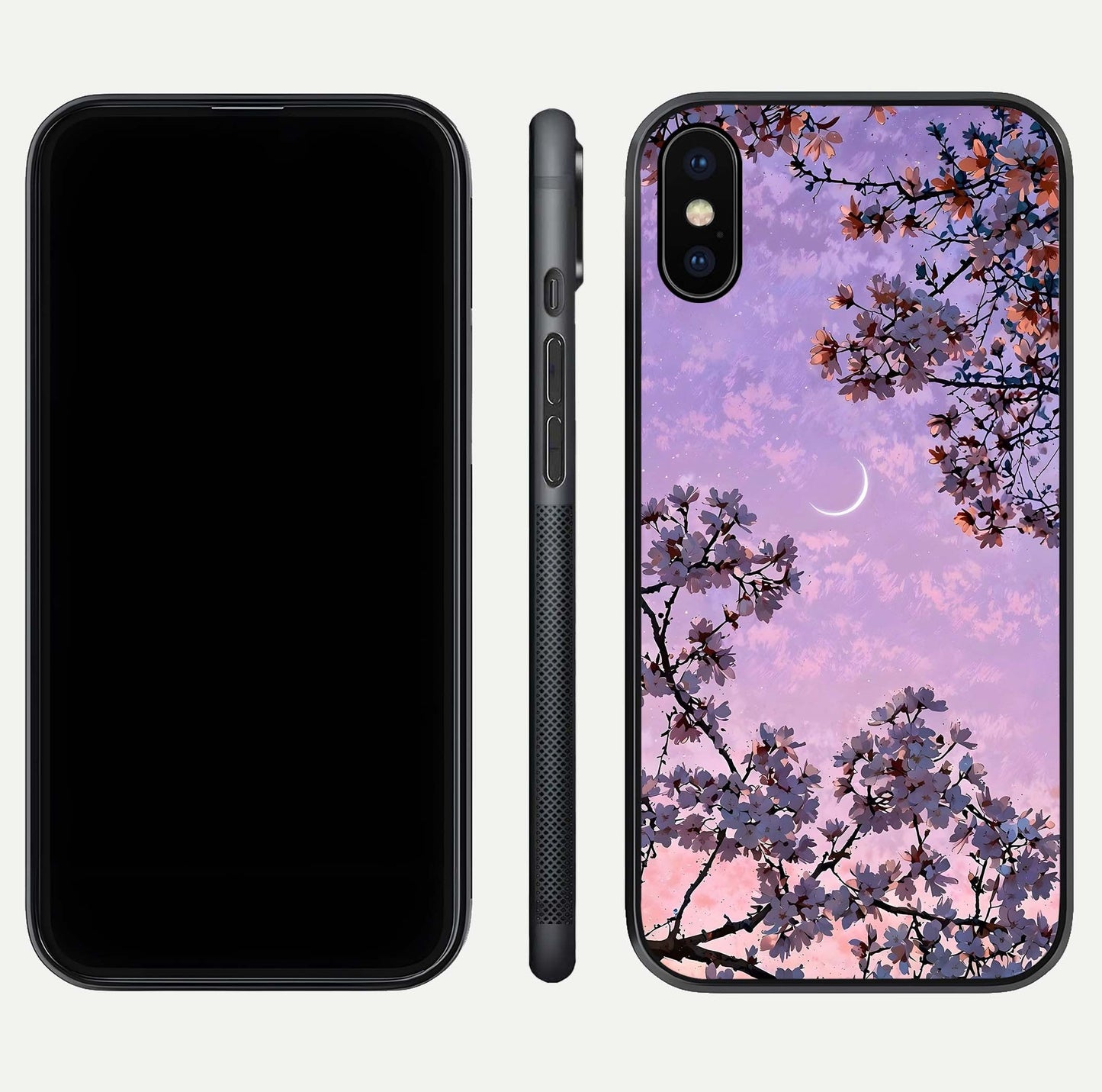 Purple Serenity Moon Glass Case for iPhone X front & back layout highlighting celestial tones and curves