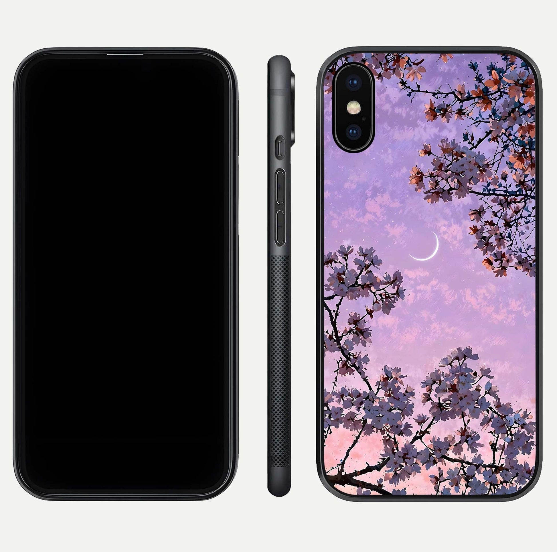Purple Serenity Moon Glass Case for iPhone X front & back layout highlighting celestial tones and curves