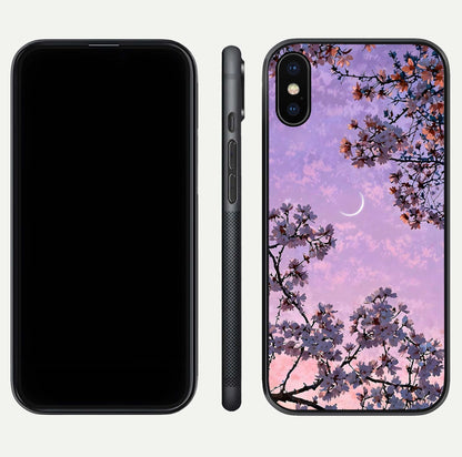 Purple Serenity Moon Glass Case for iPhone X front & back layout highlighting celestial tones and curves