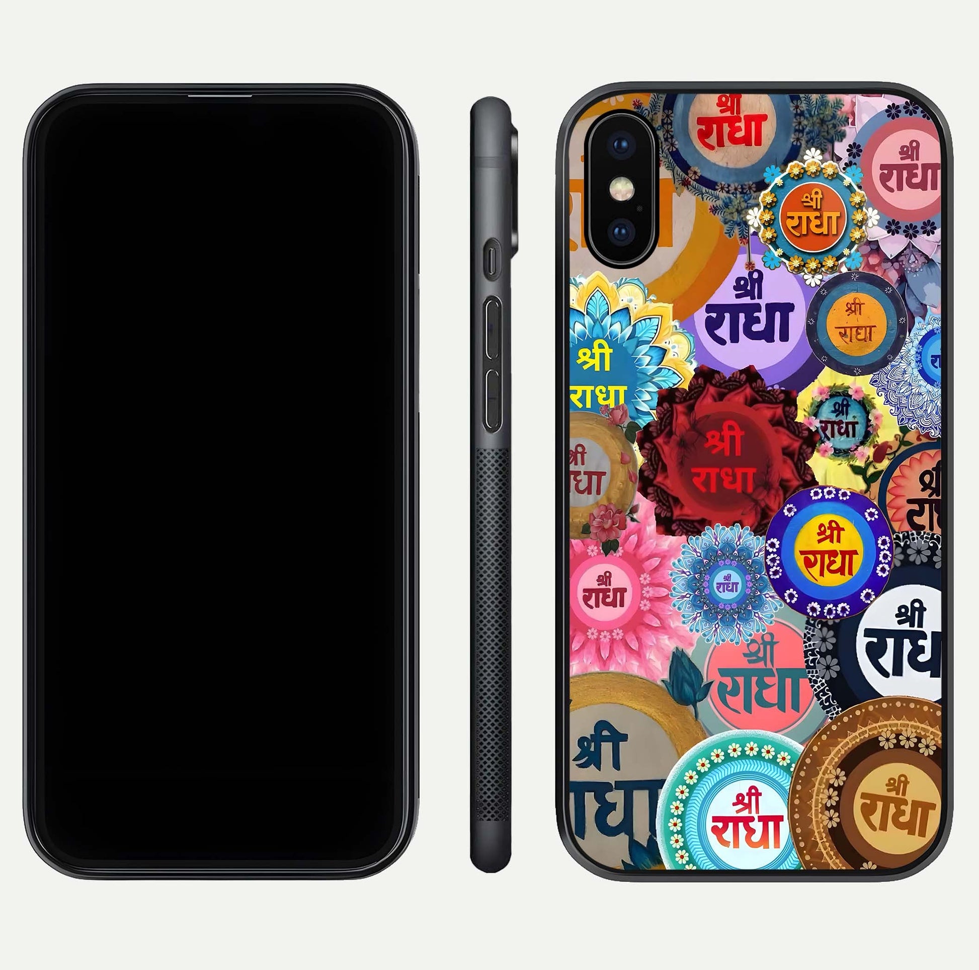 Radha Divine Bloom Glass Case for iPhone X front & back layout showing spiritual tones and elegant edges