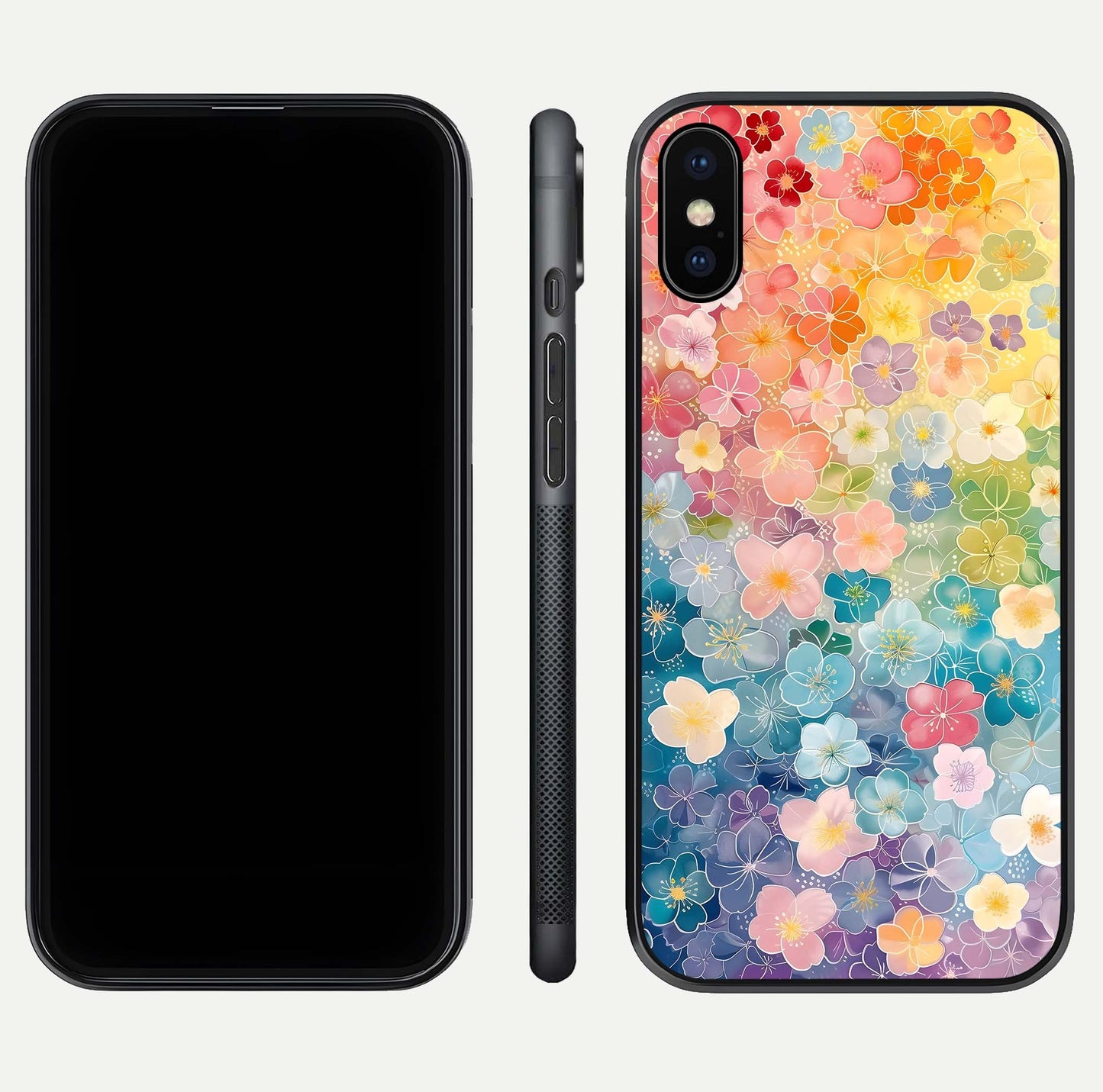 Rainbow Blossom Burst Glass Case for iPhone X front & back layout showing bright tones and edge finish