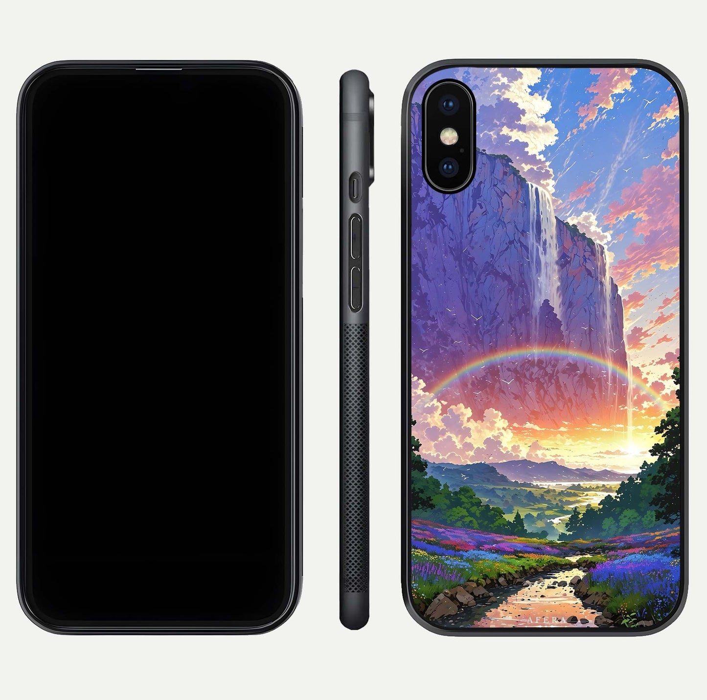 Rainbow Valley Dream Glass Case for iPhone 16 Pro front & back layout showing smooth color blend and curved edge