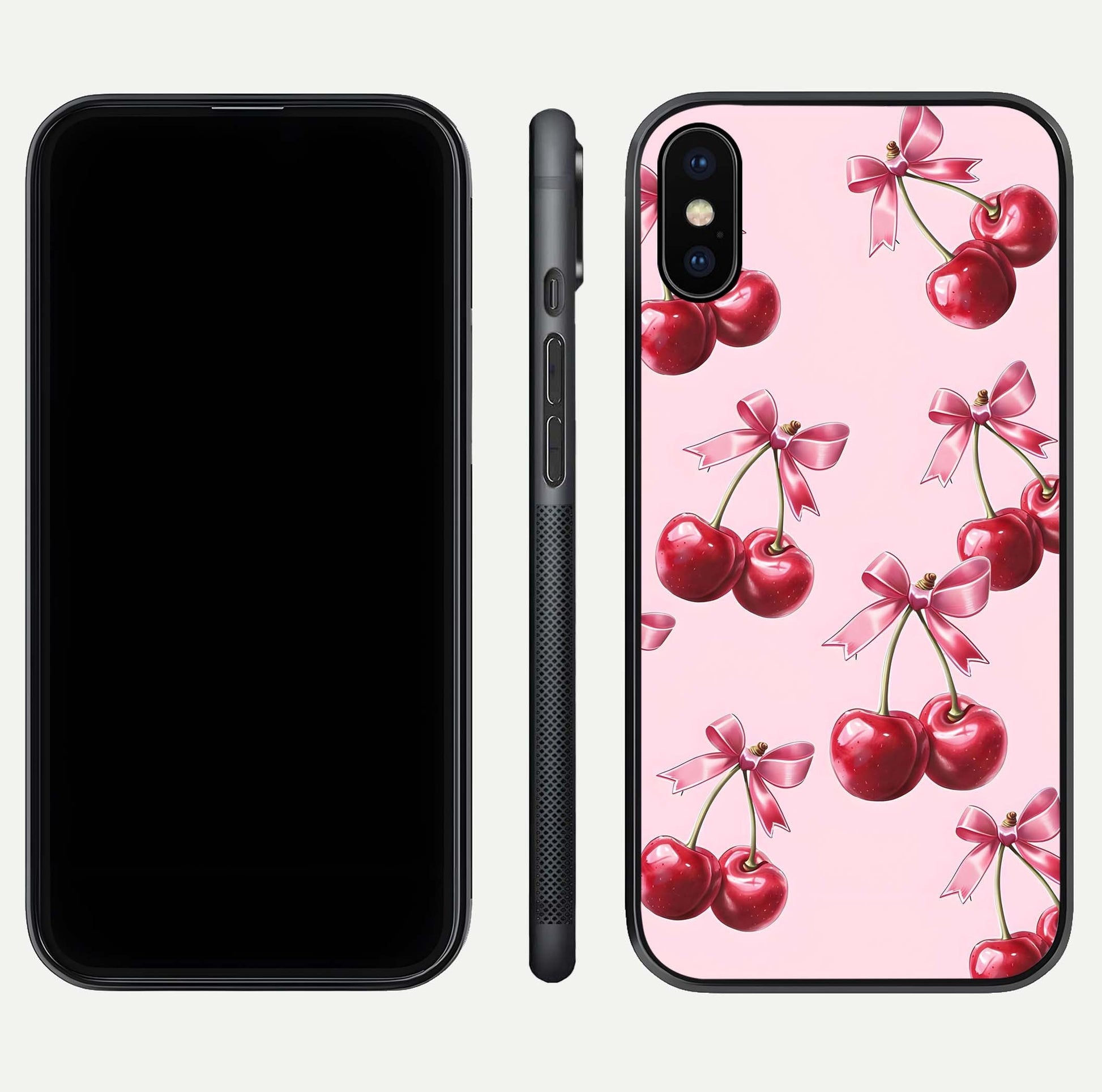 Red Cherries Pattern Glass Case for iPhone X front & back layout highlighting vibrant fruit print and edges