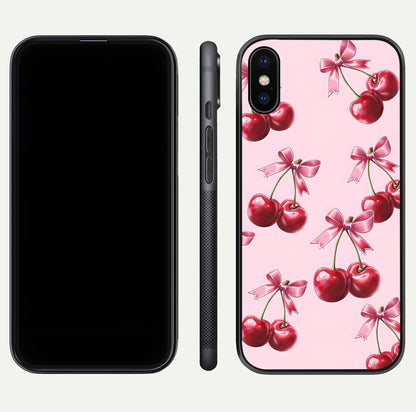Red Cherries Pattern Glass Case for iPhone X front & back layout highlighting vibrant fruit print and edges