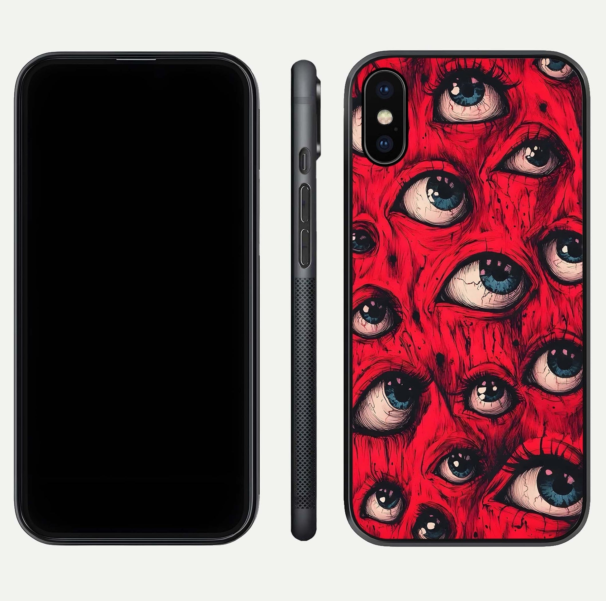 Red Eyes Pattern Glass Case for iPhone X front & back layout showing sharp edge finish and design depth