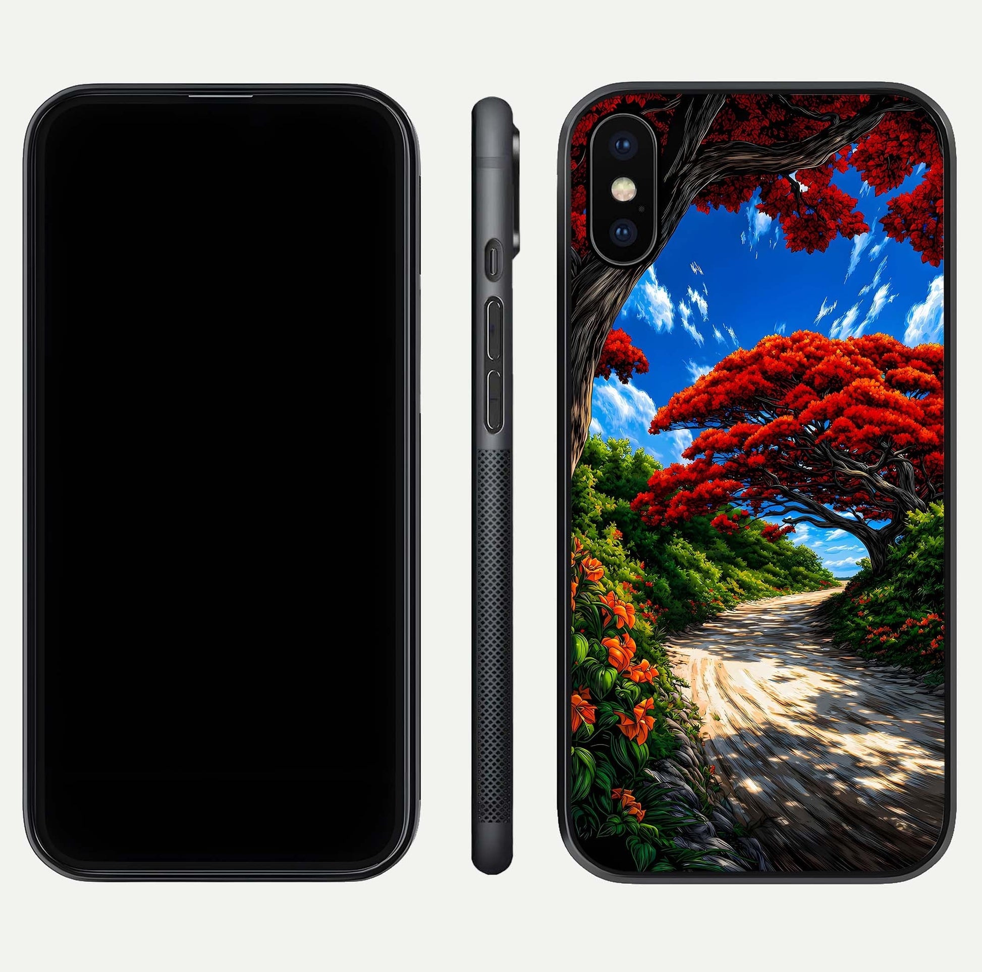 Red Trees Pathway Glass Case for iPhone X front & back layout showing scenic tone blend and edges