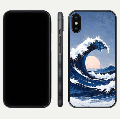 Rising Tide Power Glass Case for iPhone X front & back layout showing ocean design and smooth glass edge