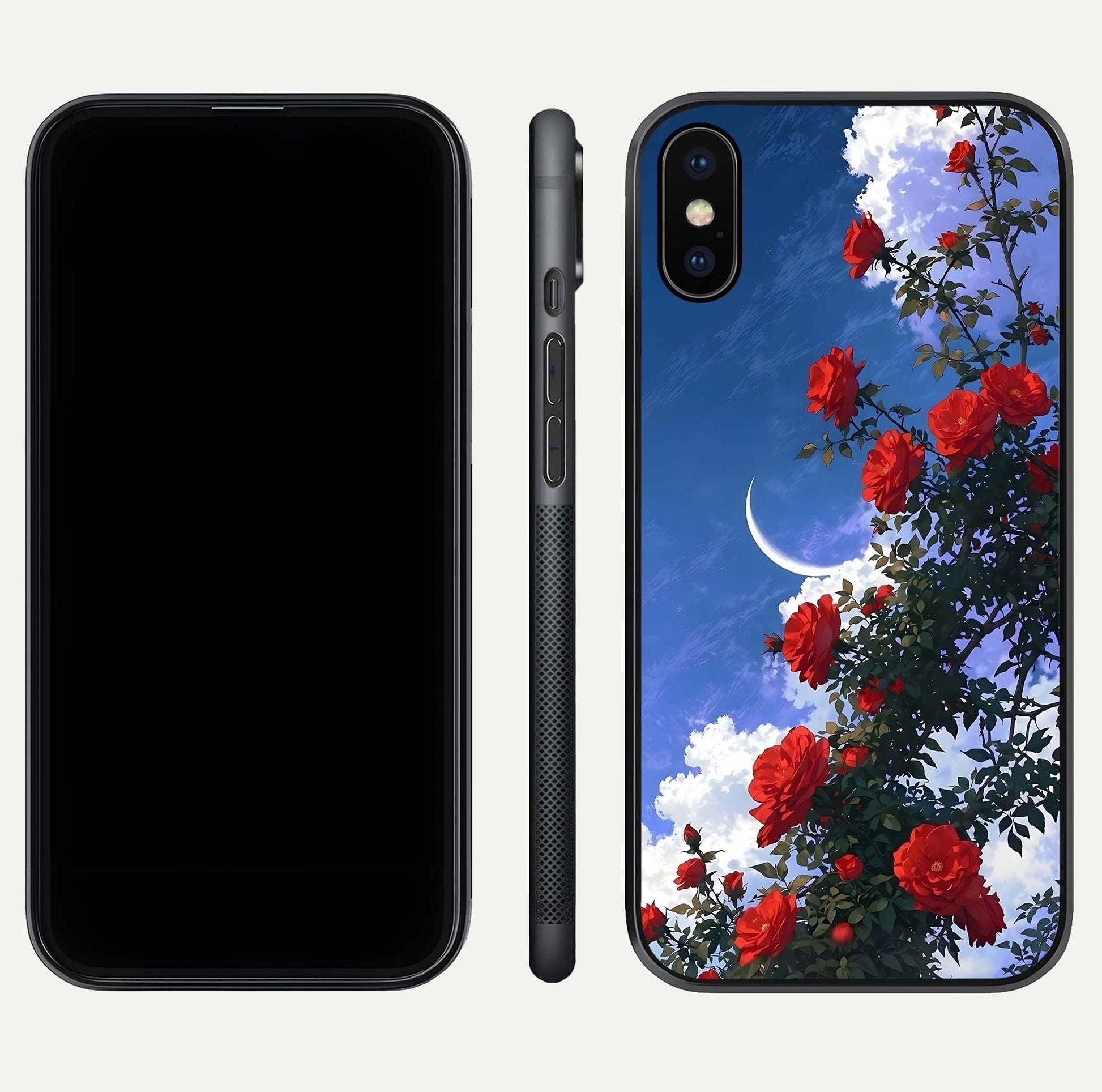 Rose Drift Flowers Glass Case for iPhone X front & back layout showing rose gradient tones and edges