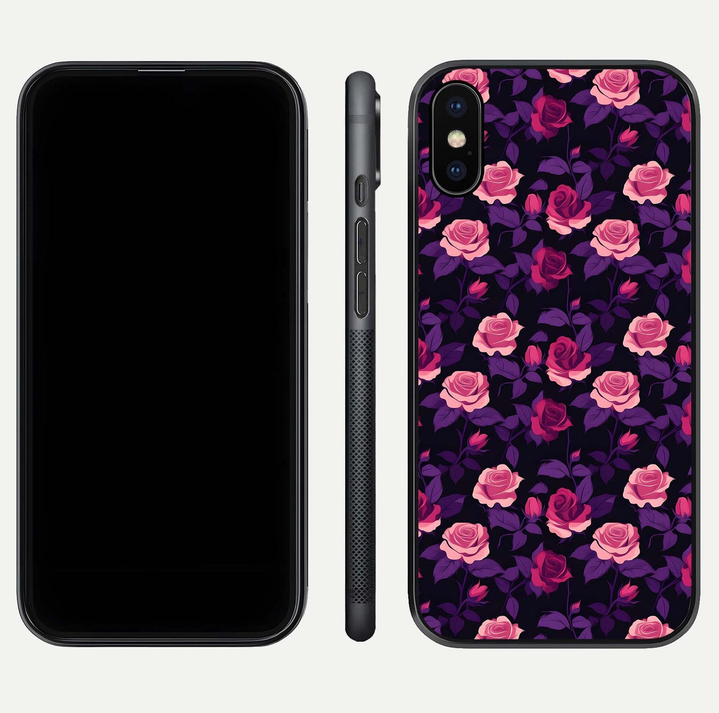 Rose Garden Twilight Glass Case for iPhone X front & back layout showing rich twilight tones and edges