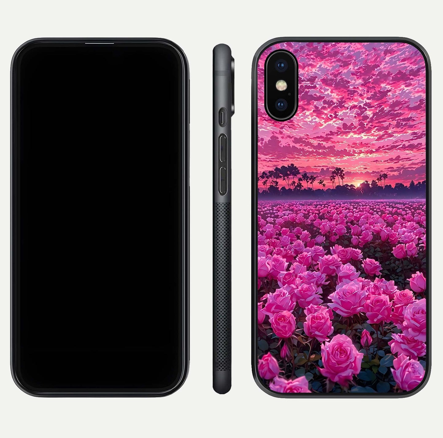 Rose Sunset Valley Glass Case for iPhone X front & back layout highlighting gradient tones and glass shine