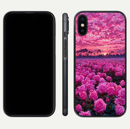 Rose Sunset Valley Glass Case for iPhone X front & back layout highlighting gradient tones and glass shine