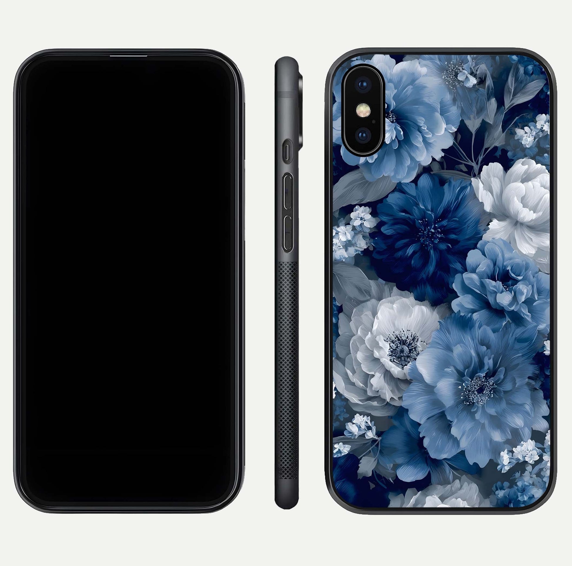 Royal Bloom Garden Glass Case for iPhone X front & back layout showing soft tones and curved glass design