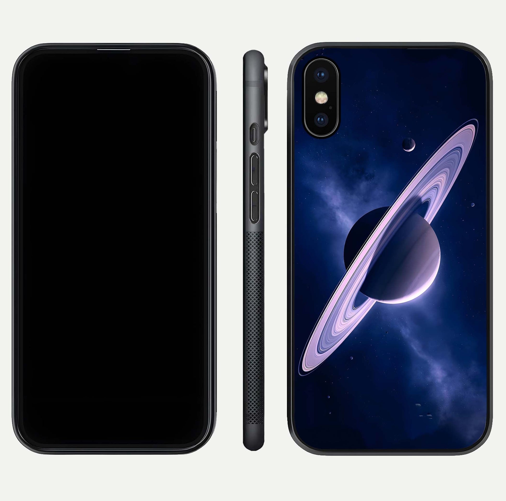 Saturn Ring Mystique Glass Case for iPhone X front & back layout showing cosmic tones and edge glow