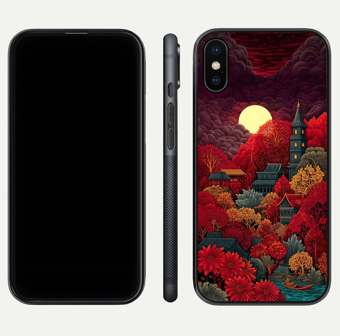 Scarlet Autumn Temple Glass Case for iPhone X front & back layout showing scenic tones and curved edges