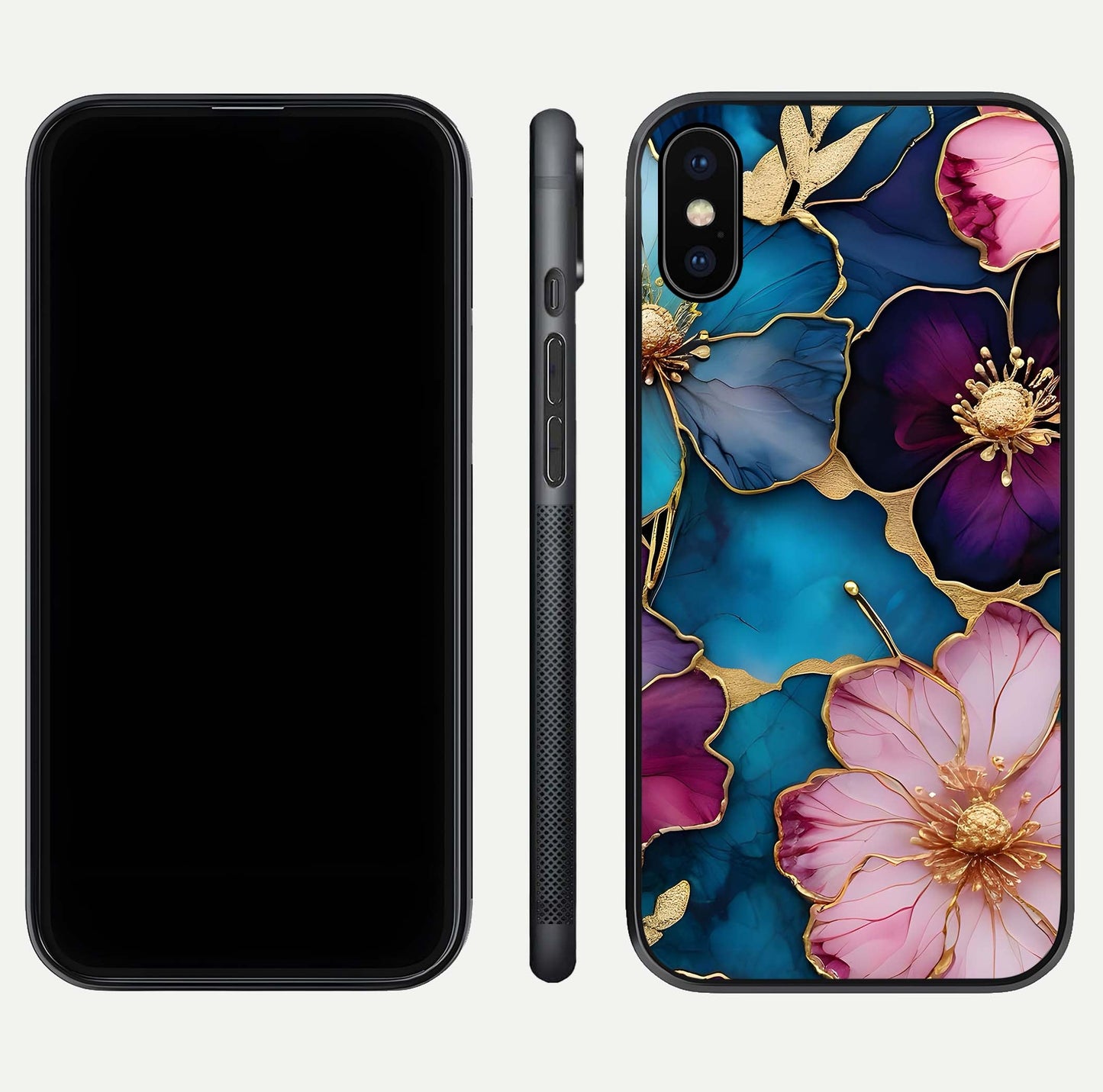 Sparkle Floral Glass Case for iPhone X front & back layout showing floral print and edge clarity