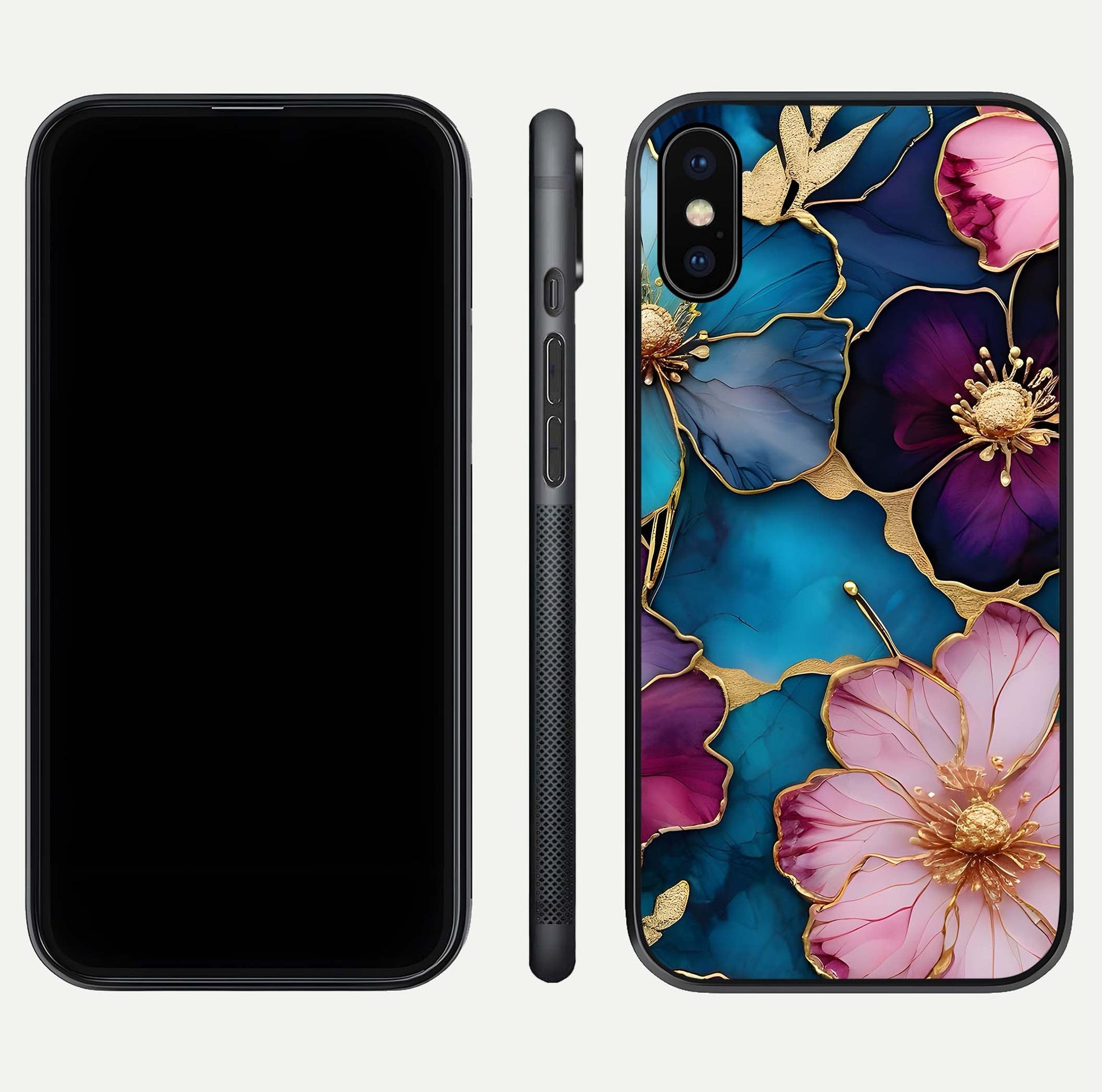 Sparkle Floral Glass Case for iPhone X front & back layout showing floral print and edge clarity