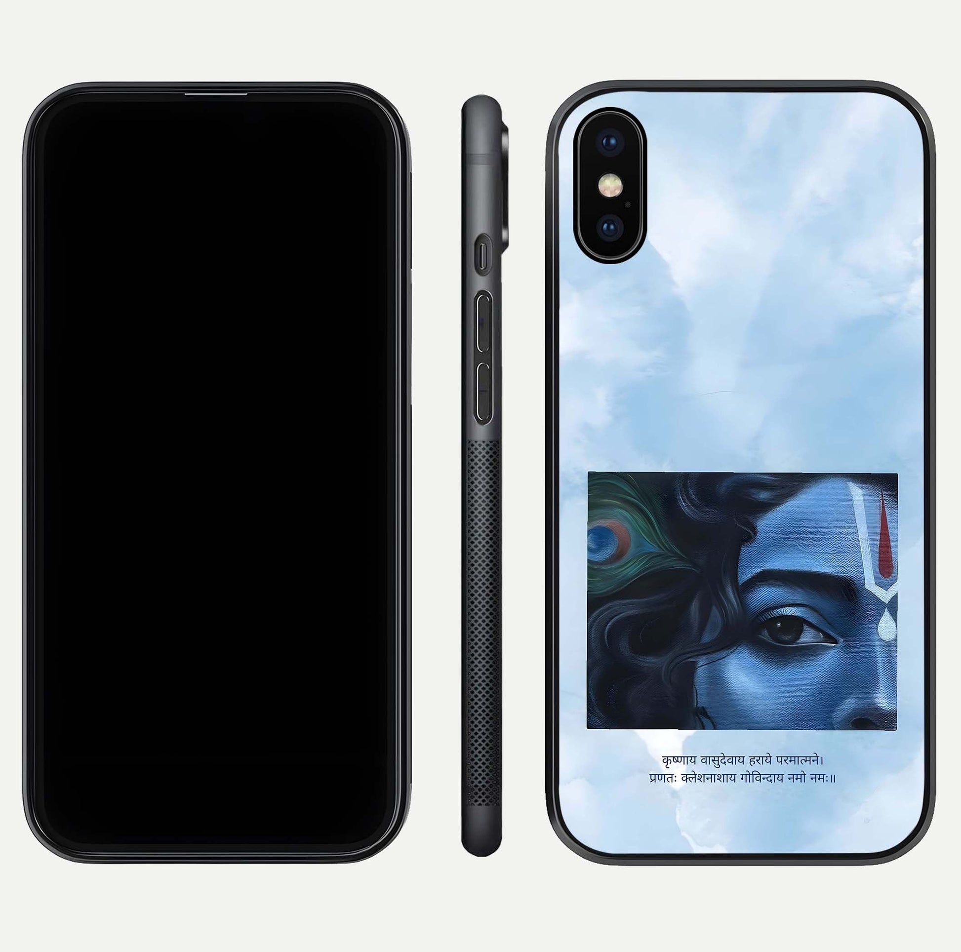 Spiritual Krishna Glass Case for iPhone 16 Pro front & back layout showing spiritual artwork and clean edge