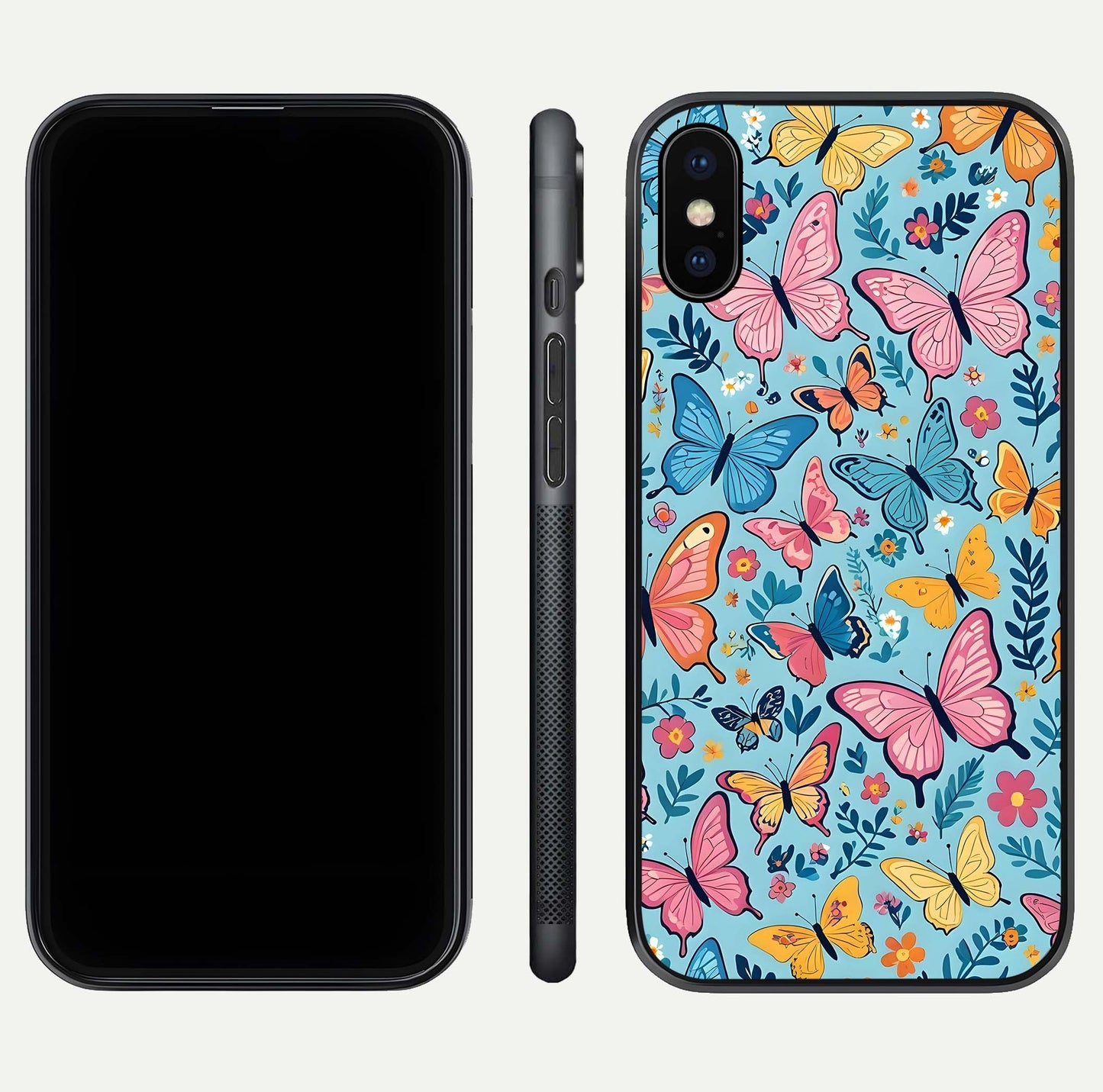 Spring Wing Garden Glass Case for iPhone X front & back layout showing soft tones and elegant glass design