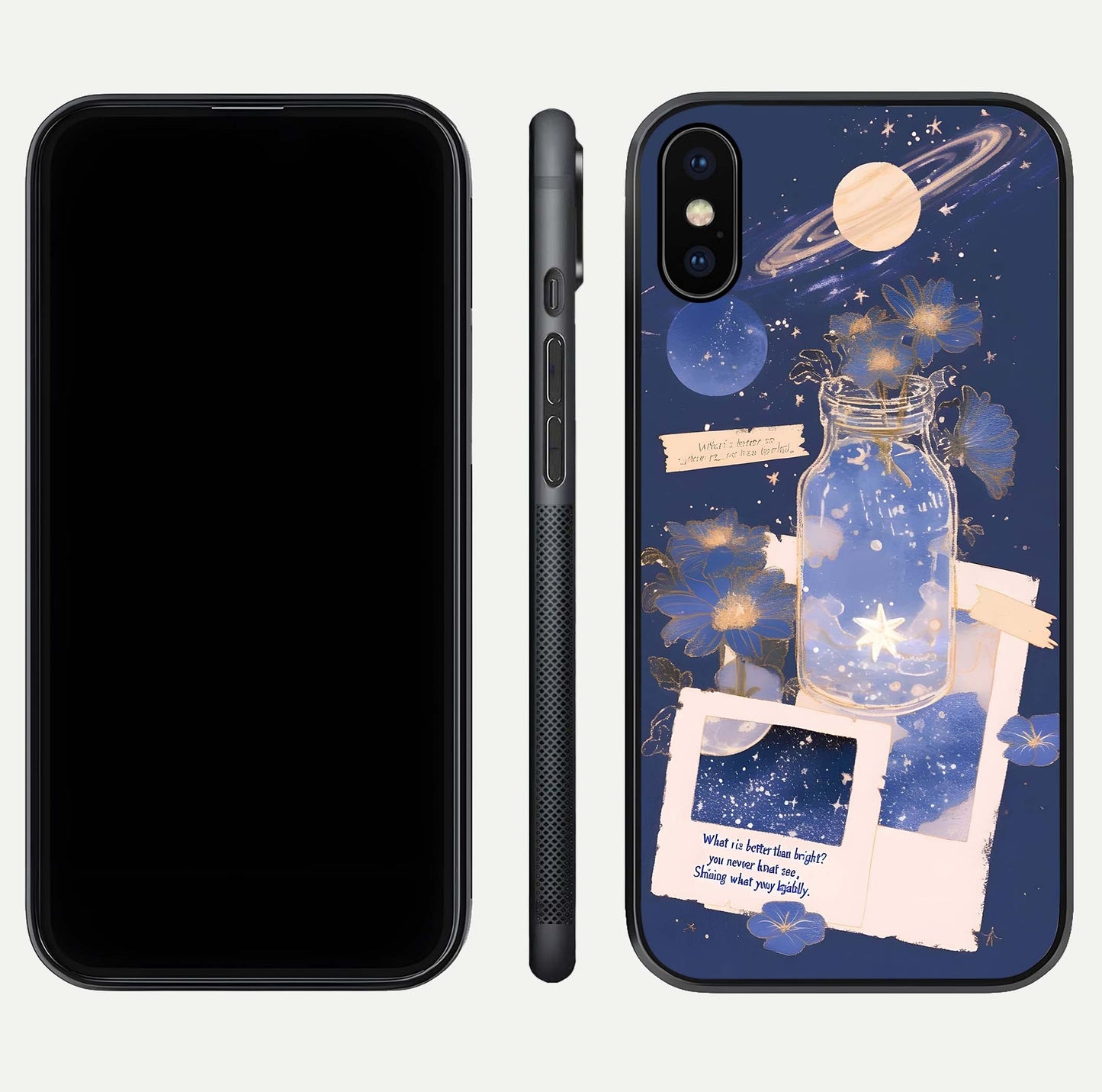 Starlit Cosmic Jar Glass Case for iPhone X front & back layout showing cosmic pattern and curved glass edge