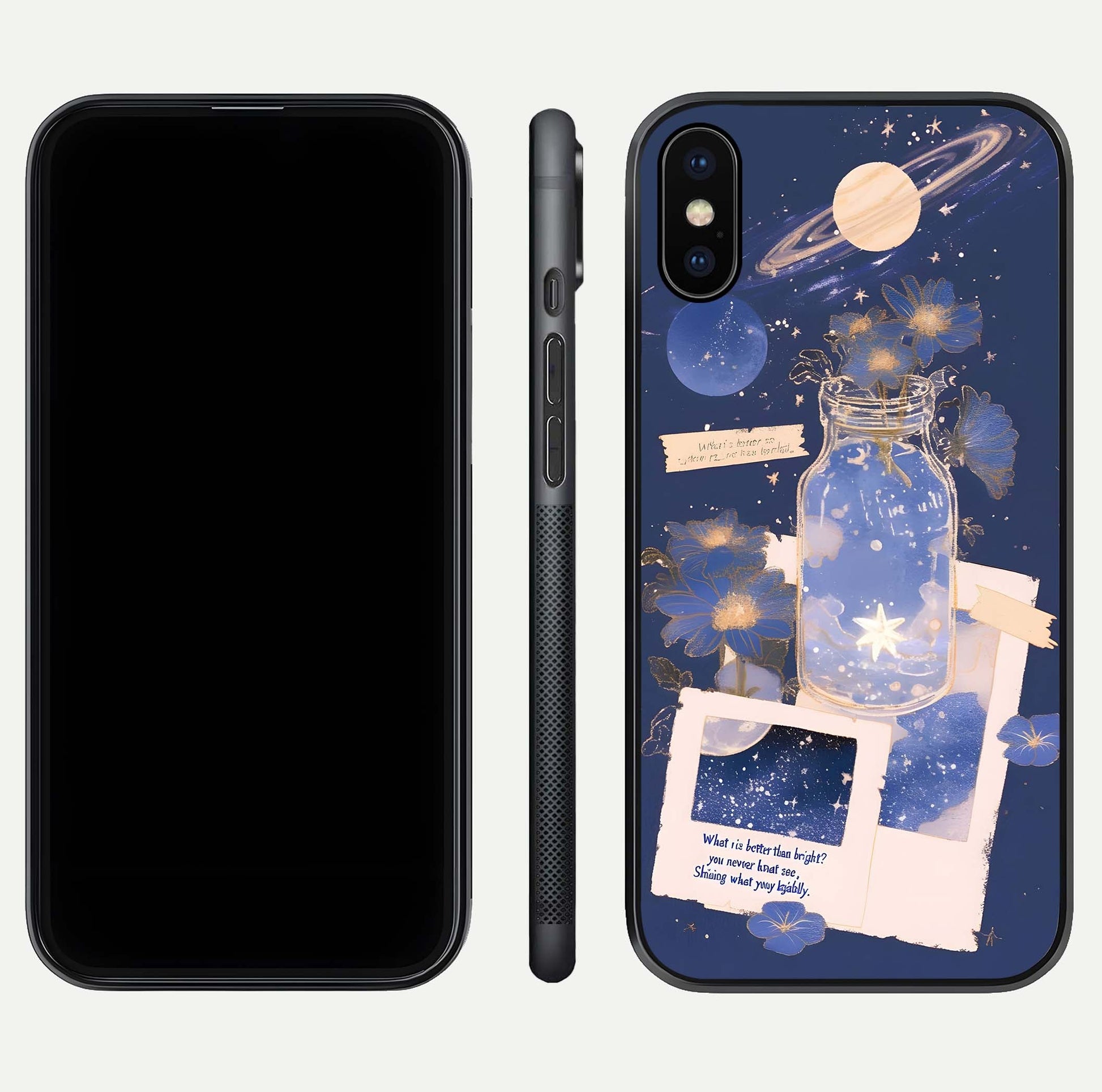 Starlit Cosmic Jar Glass Case for iPhone X front & back layout showing cosmic pattern and curved glass edge