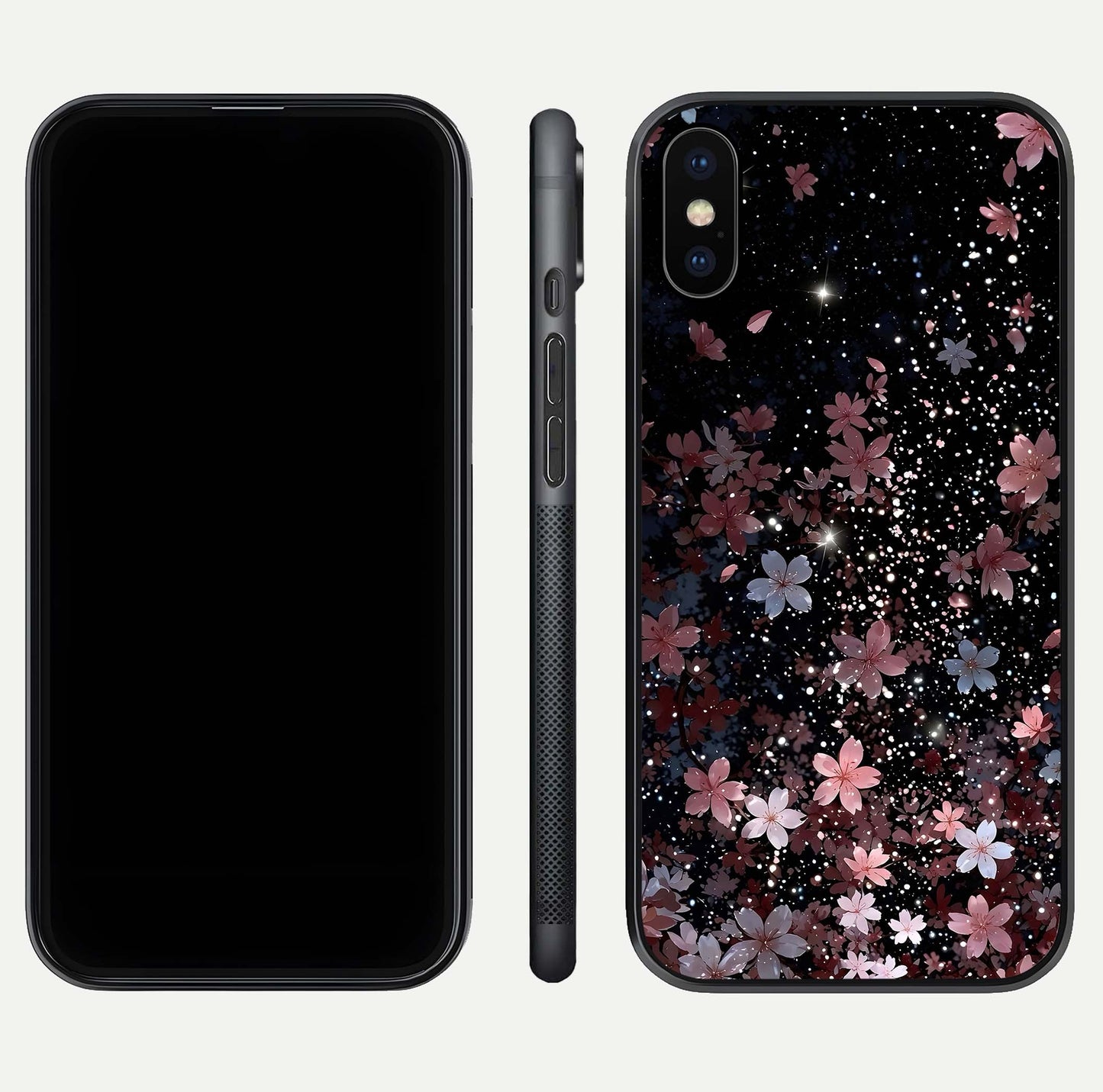 Starlit Flower Dreams Glass Case for iPhone X front & back layout showing soft bloom design and curved edge
