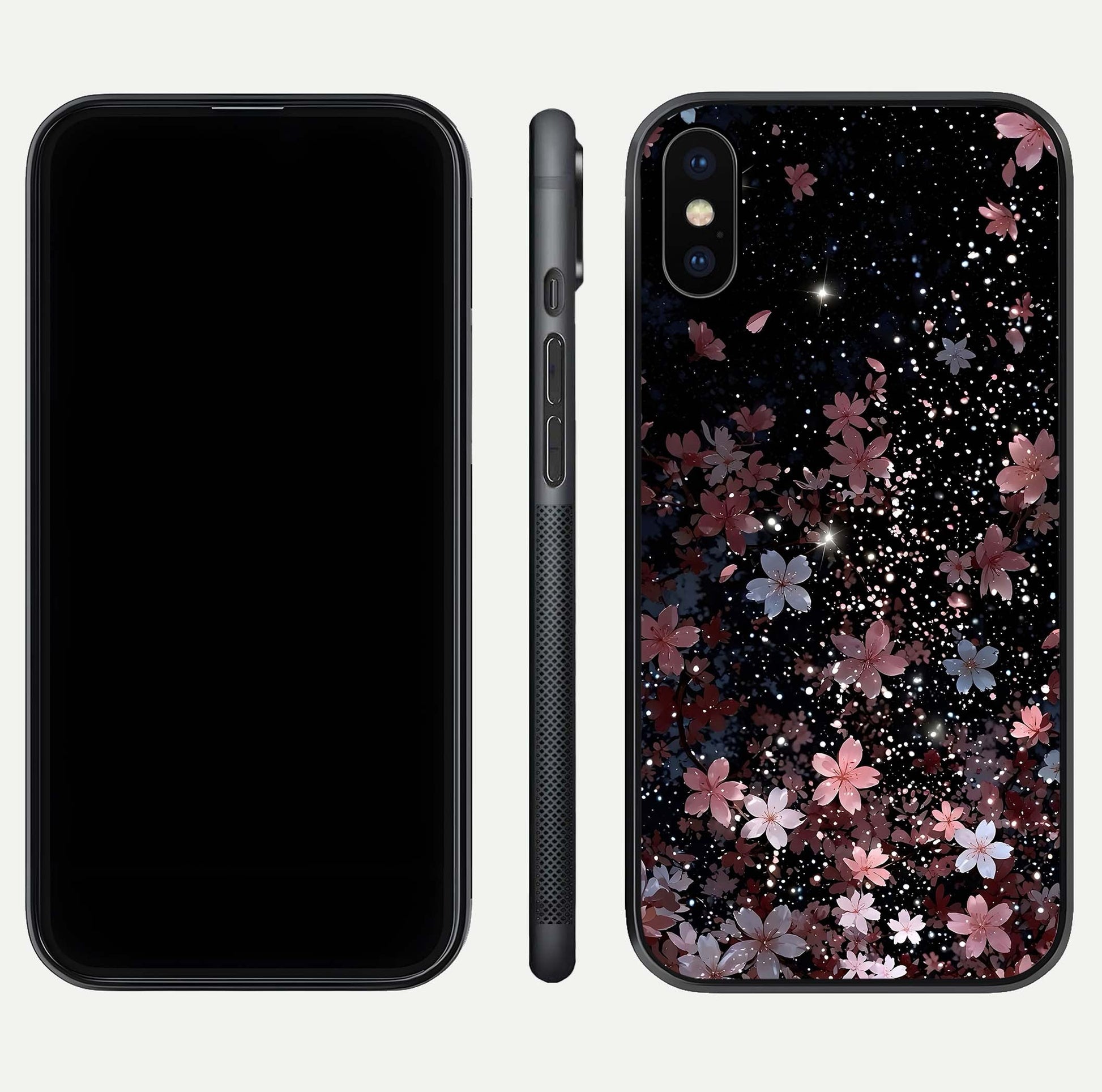 Starlit Flower Dreams Glass Case for iPhone X front & back layout showing soft bloom design and curved edge