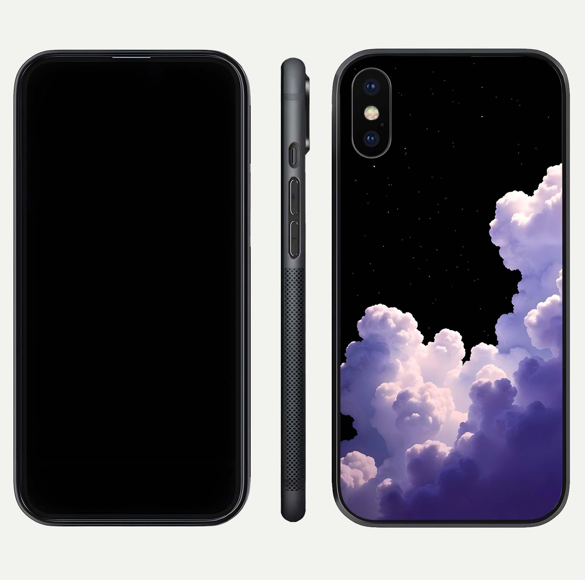 Starlit Night Whispers Glass Case for iPhone X front & back layout showing moon tones and curved edges