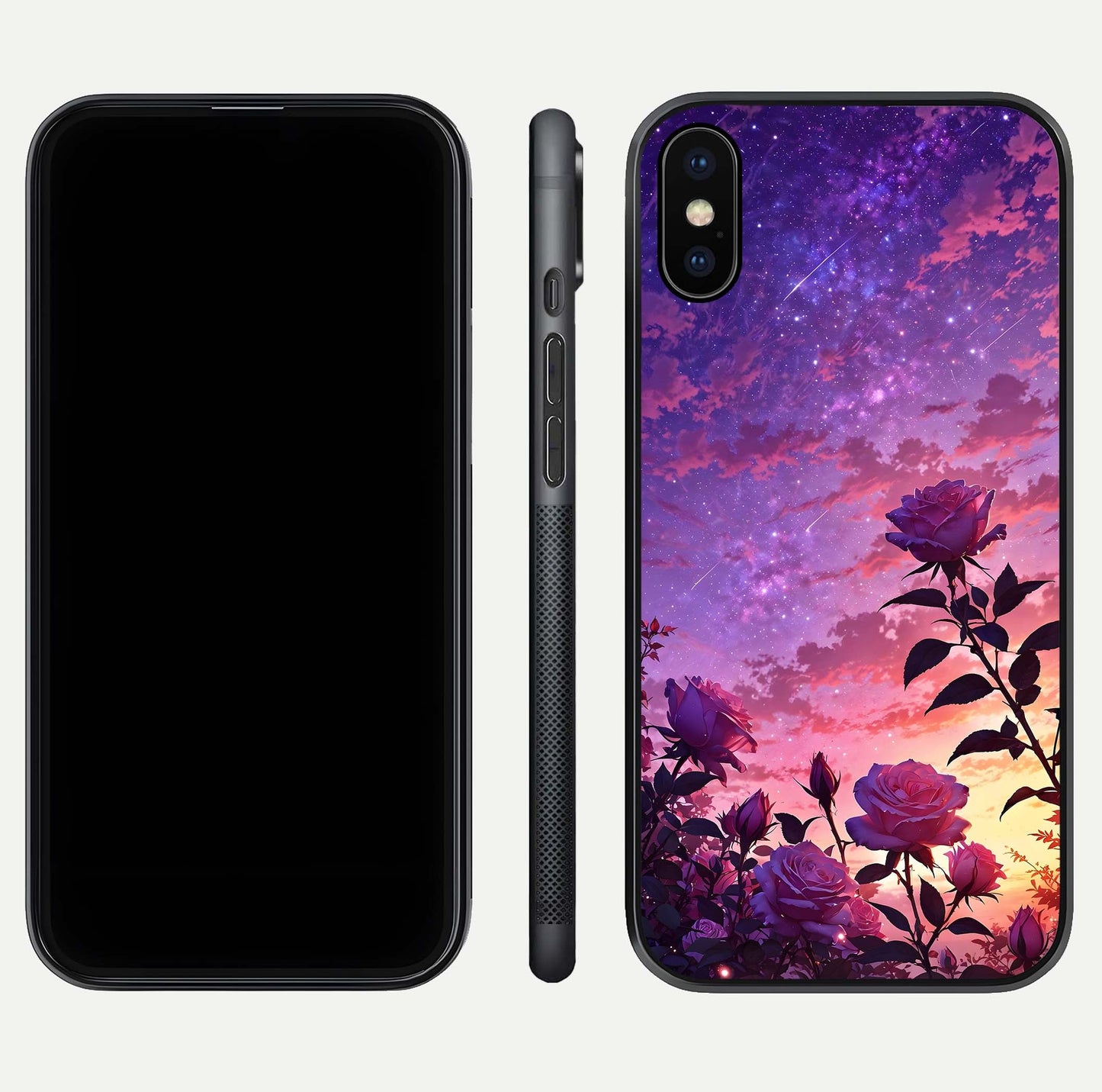 Starlit Rose Twilight Glass Case for iPhone X front & back layout showing floral blend and glossy edge