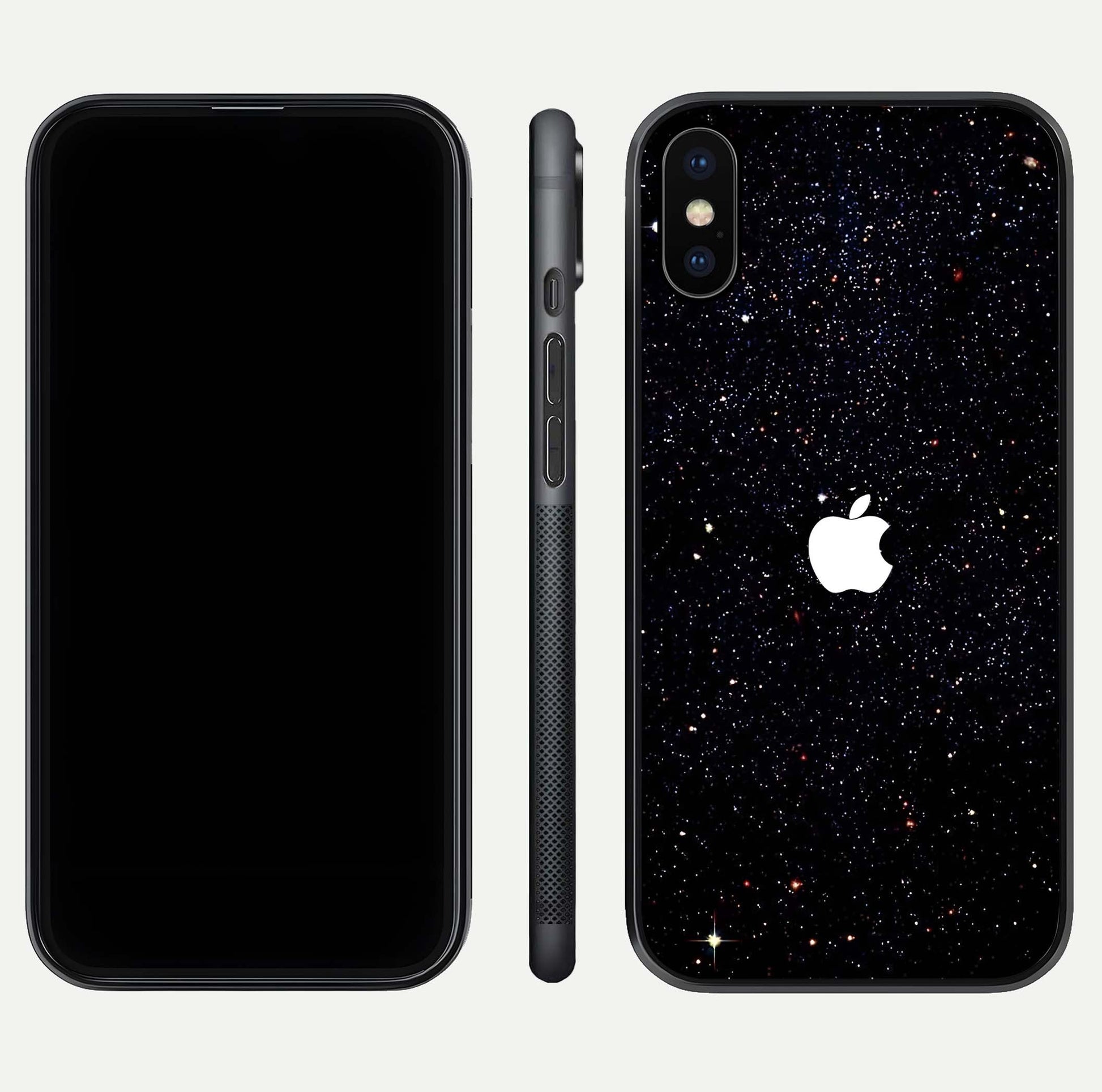 Starry Apple Galaxy Glass Case for iPhone X front & back layout showing cosmic tones and sleek edge