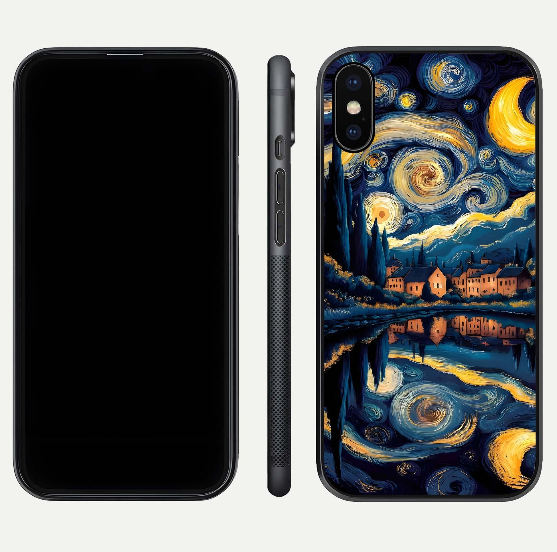 Starry Sky Serenity Glass Case for iPhone X front & back layout showing stars and curved glass edges