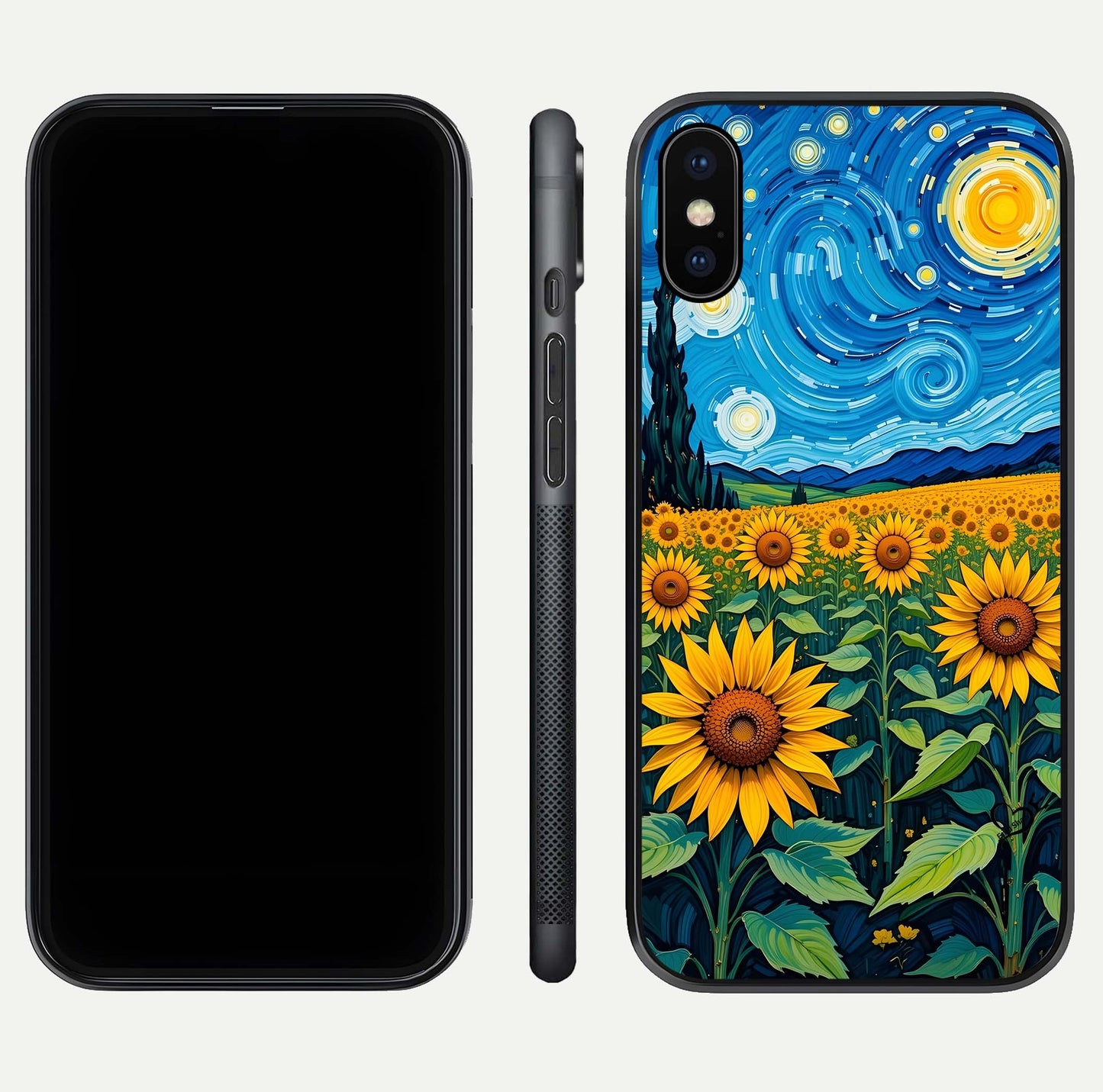 Starry Sunflower Dreams Glass Case for iPhone X front & back layout showing floral blend and edge detail