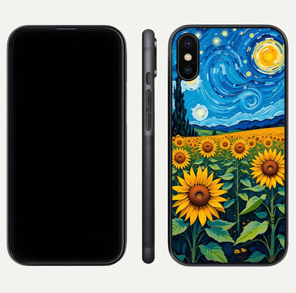 Starry Sunflower Dreams Glass Case for iPhone X front & back layout showing floral blend and edge detail