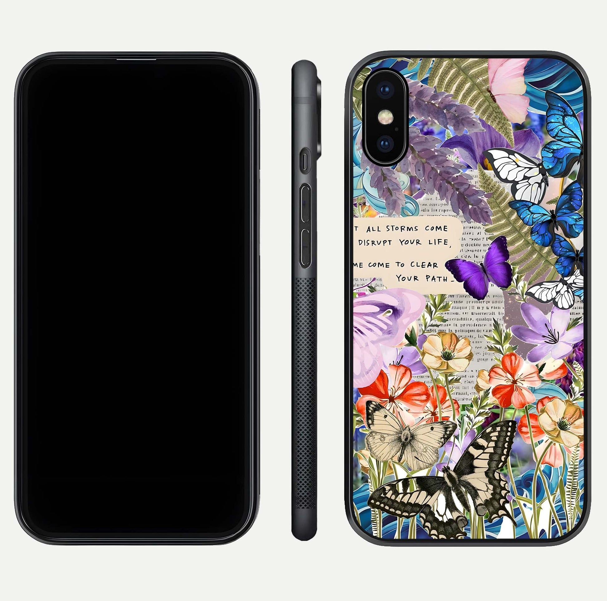 Storm Path Bloom Glass Case for iPhone X front & back layout showing moody floral blend and edges