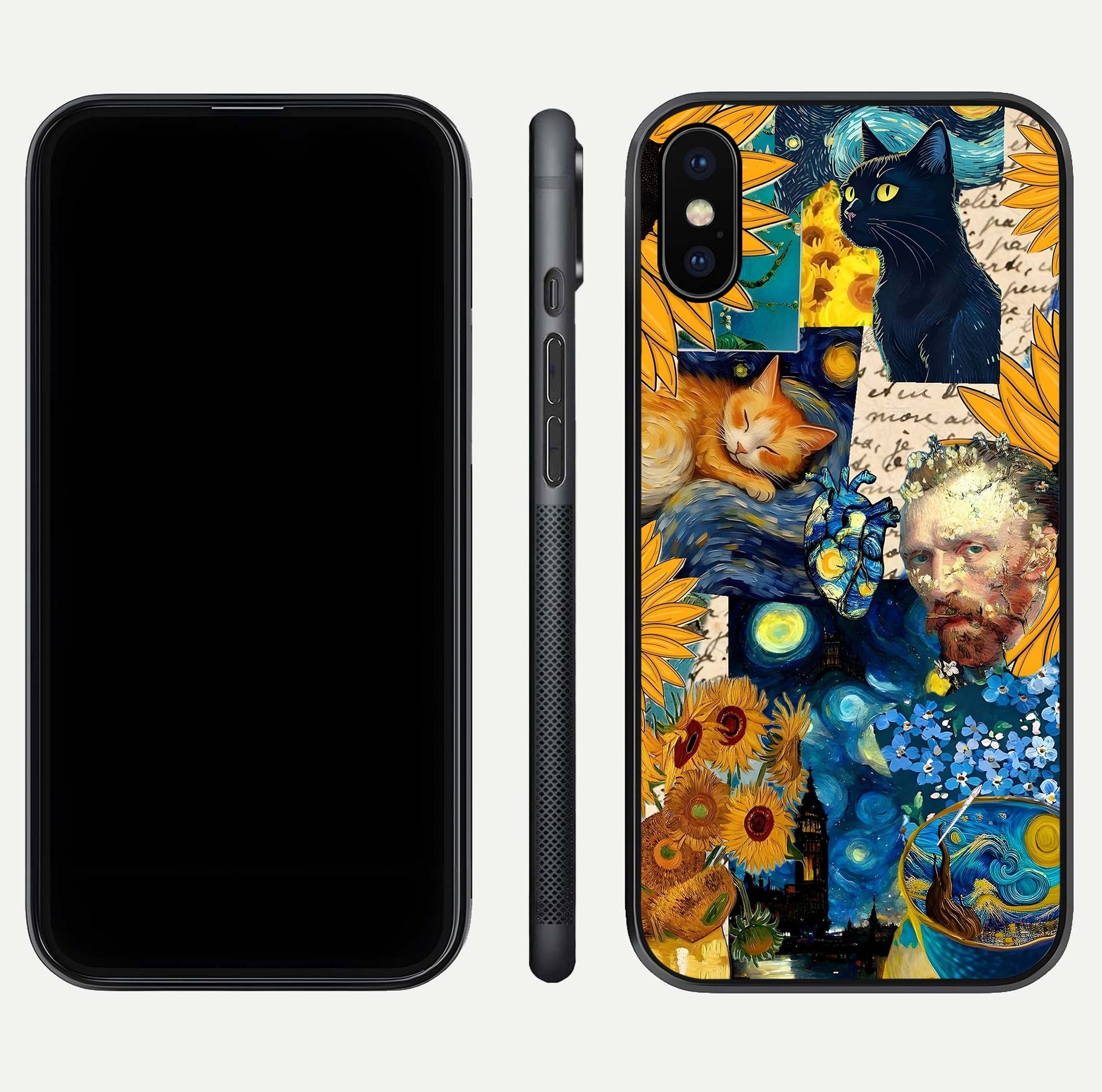 Sunflower Cat Art Glass Case for iPhone X front & back layout showing detailed floral cat design and edges