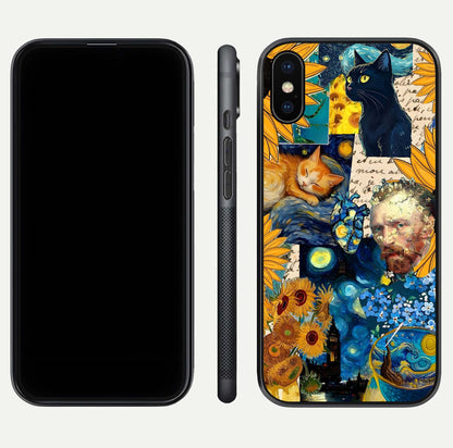 Sunflower Cat Art Glass Case for iPhone X front & back layout showing detailed floral cat design and edges