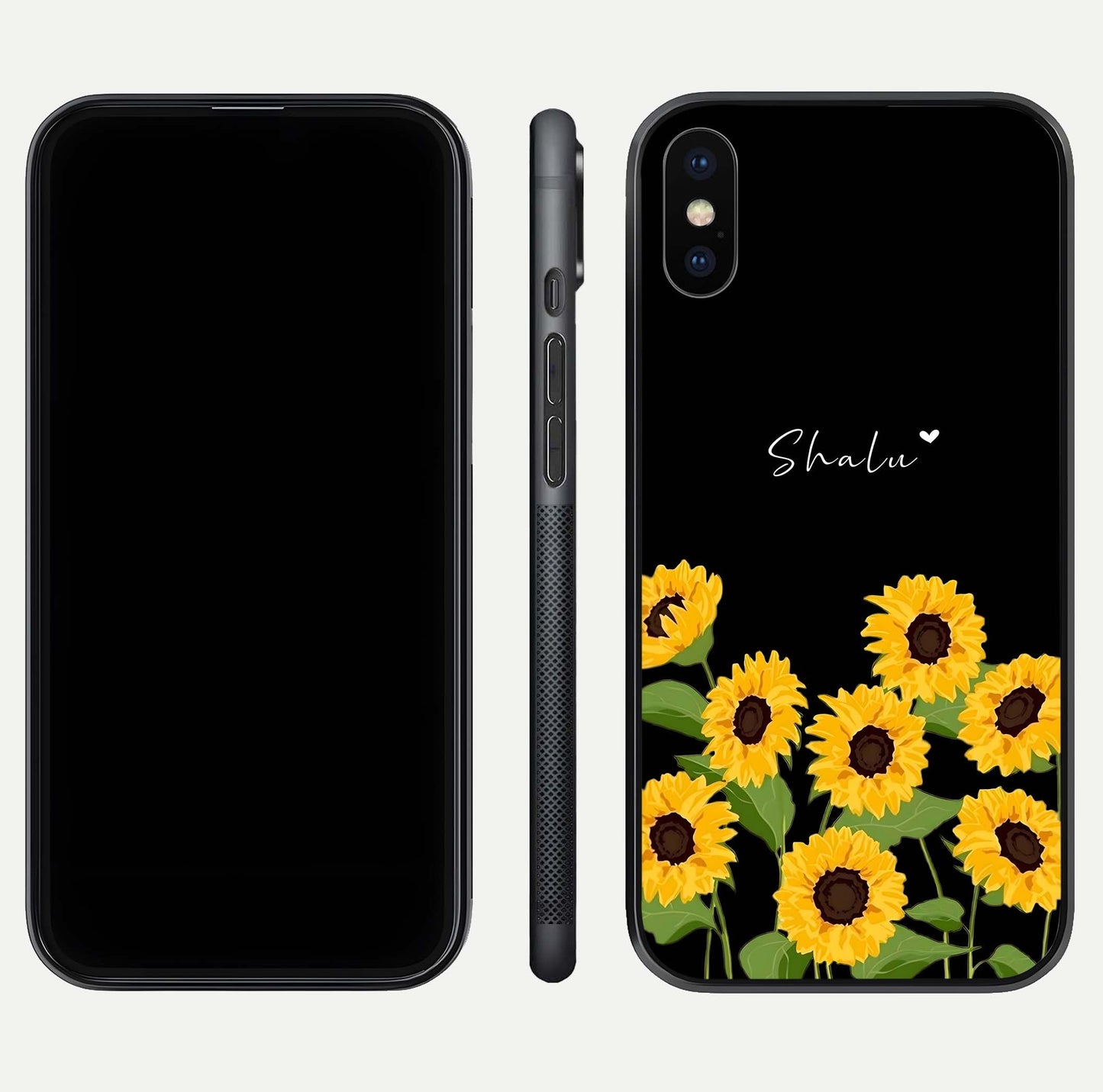 Sunflower Chic Mood Custom Name Glass Case for iPhone 16 Pro front & back layout highlighting custom text zone and shine