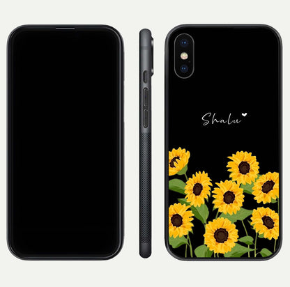 Sunflower Chic Mood Custom Name Glass Case for iPhone 16 Pro front & back layout highlighting custom text zone and shine