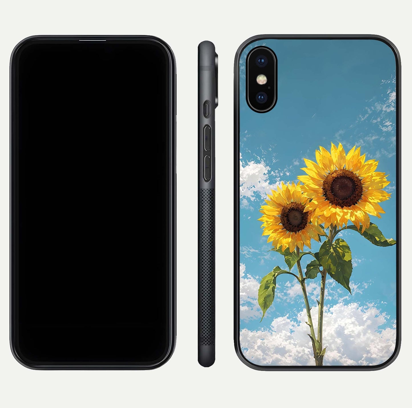 Sunflower Sky Bloom Glass Case for iPhone X front & back layout showing soft blue tones and flower contrast