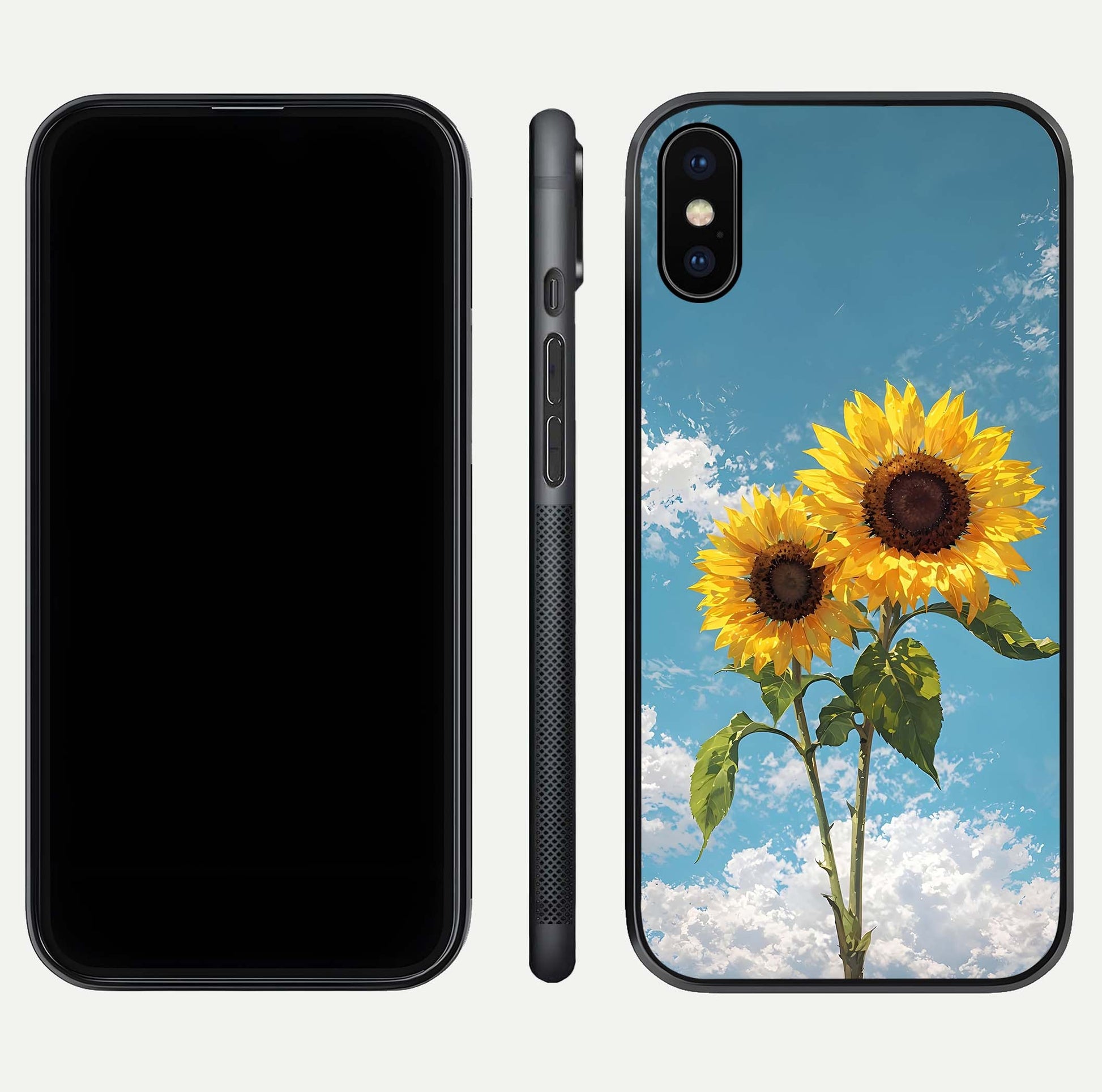 Sunflower Sky Bloom Glass Case for iPhone X front & back layout showing soft blue tones and flower contrast
