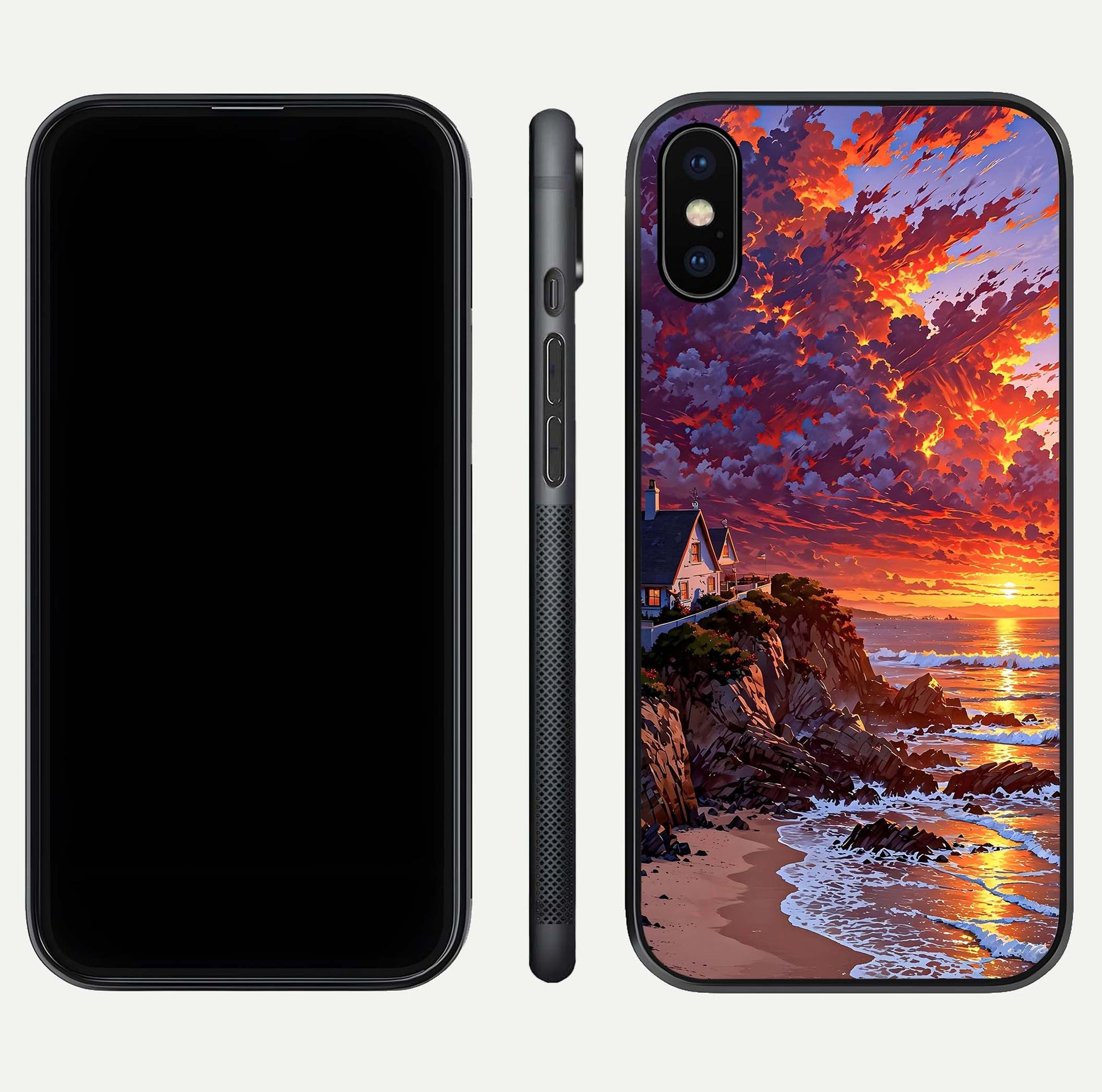 Sunset House by Sea Glass Case for iPhone X front & back layout showing scenic gradient and curved edge