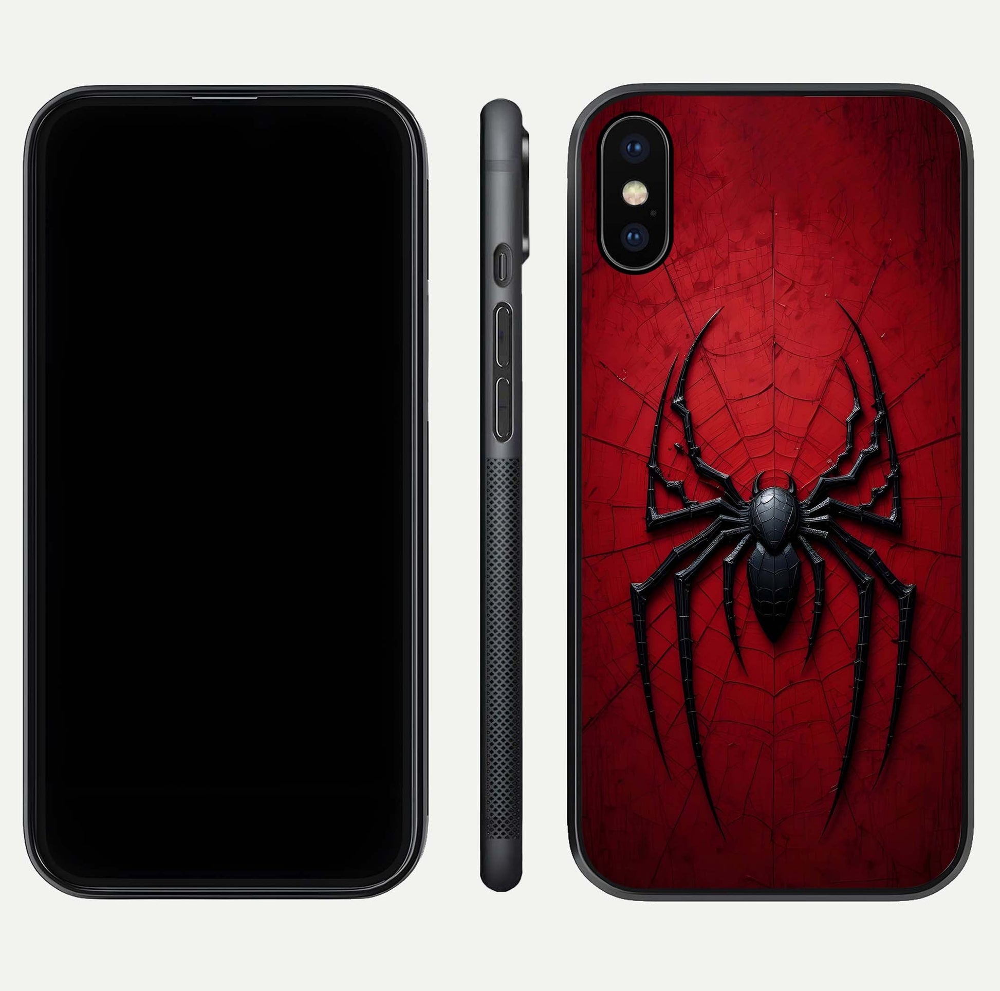 Venom Web Emblem Glass Case for iPhone X front & back layout showing contrast art and curved glass edges