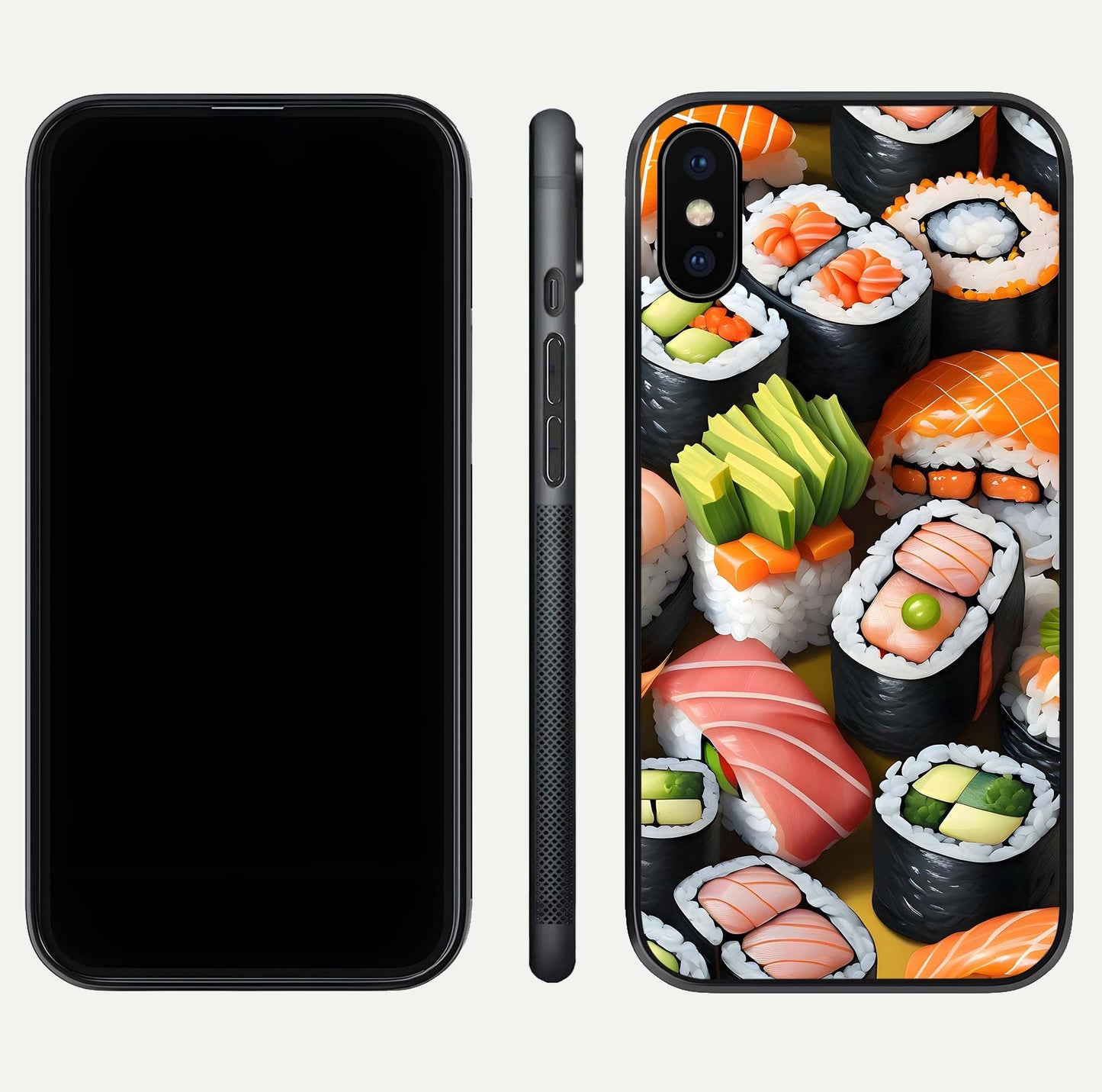 Sushi Food Pattern Glass Case for iPhone X front & back layout showing playful food theme and clear edges