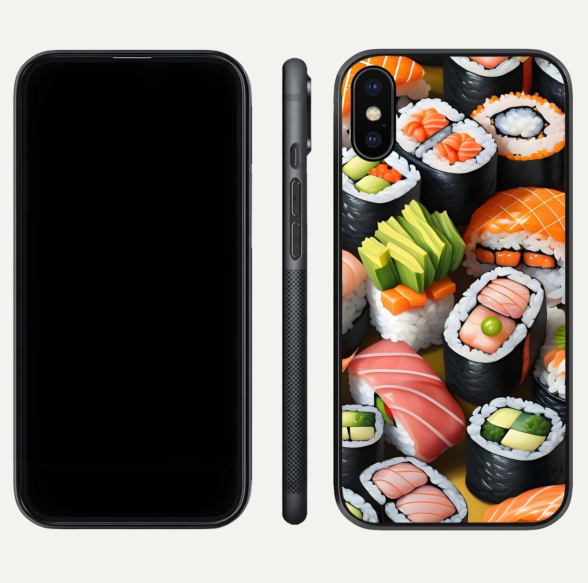 Sushi Food Pattern Glass Case for iPhone X front & back layout showing playful food theme and clear edges