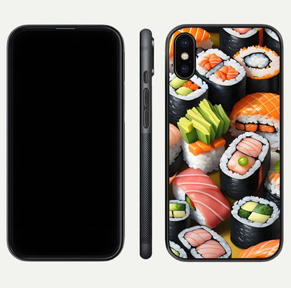 Sushi Food Pattern Glass Case for iPhone X front & back layout showing playful food theme and clear edges