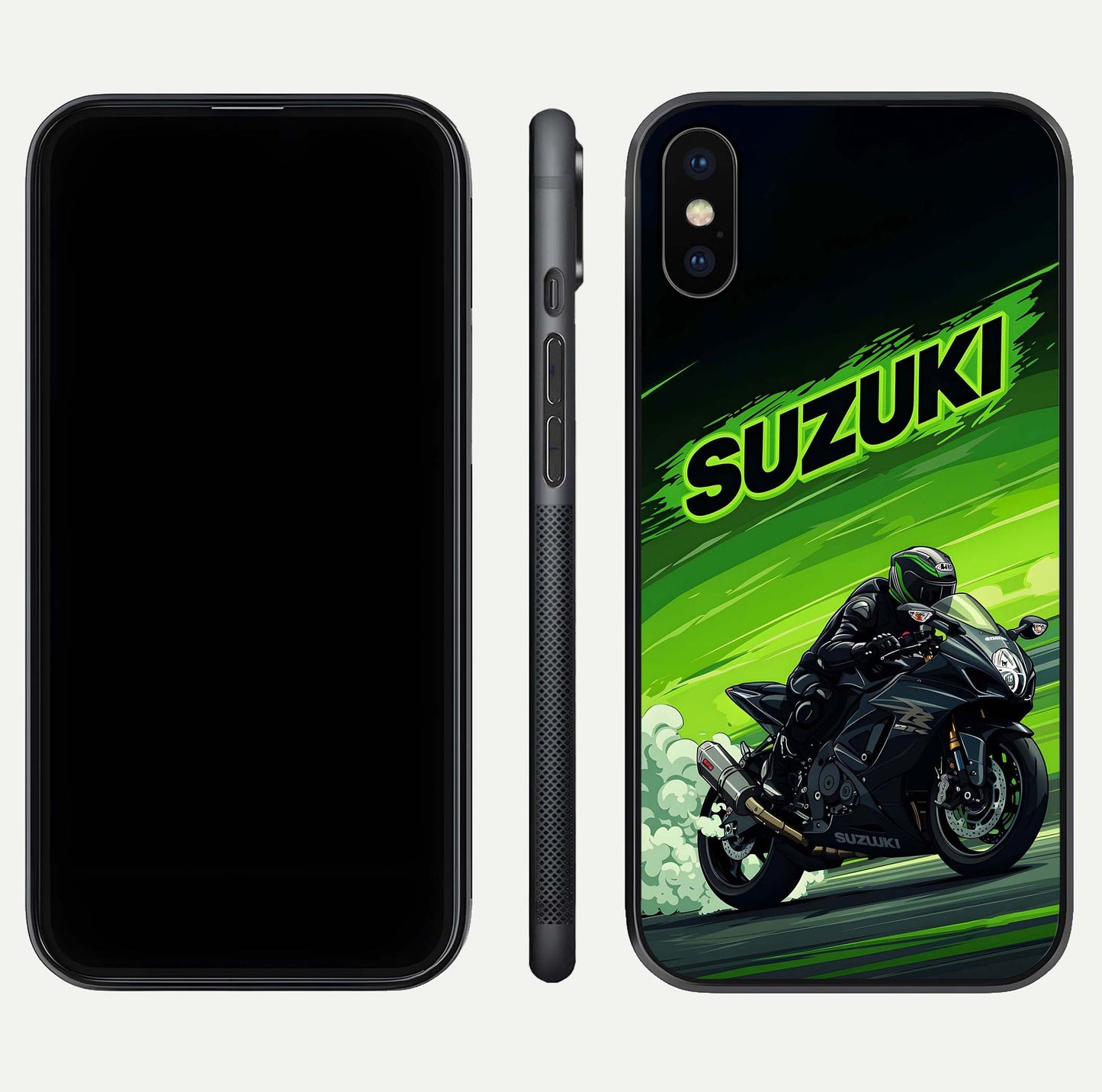 Suzuki Speed Beast Glass Case for iPhone X front & back layout showing motion blur and sleek edges