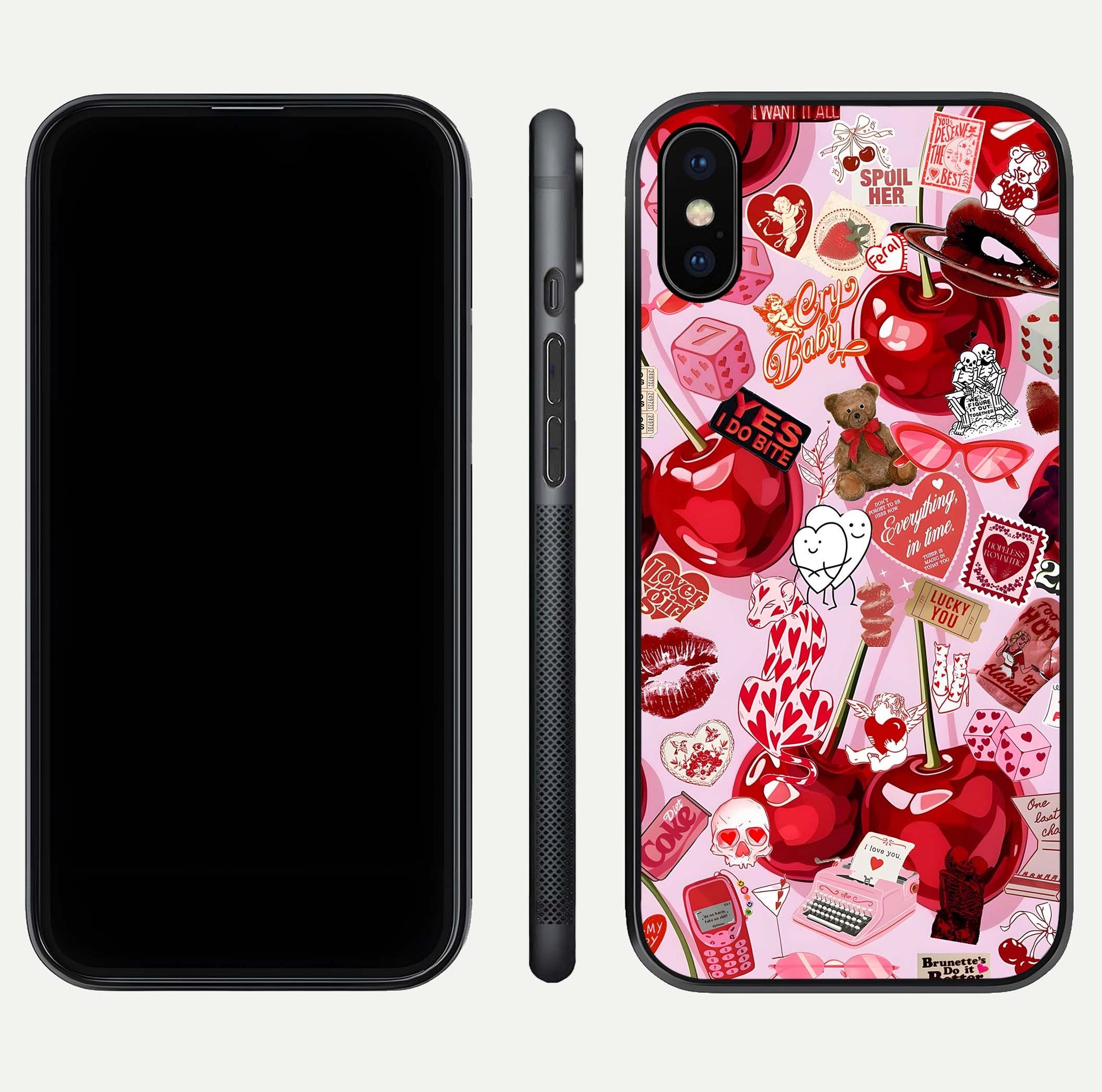 Sweet Cherry Chaos Glass Case for iPhone X front & back layout showing vibrant cherries and smooth edges