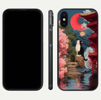 Temple Cat Scenery Glass Case for iPhone X front & back layout showing scenic print and edge design