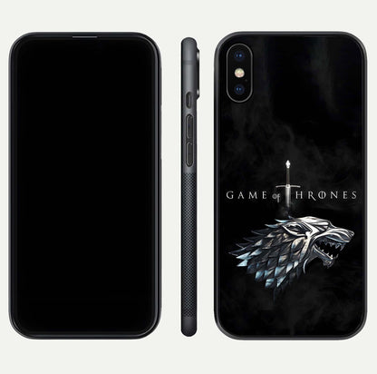 Throne Wolf Legacy Glass Case for iPhone X front & back layout showing bold pattern and sharp edge
